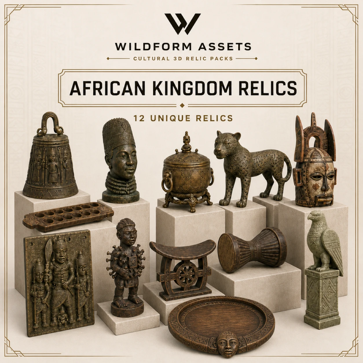 Wildform Assets African Kingdom Relics preview with twelve West and Central African court props