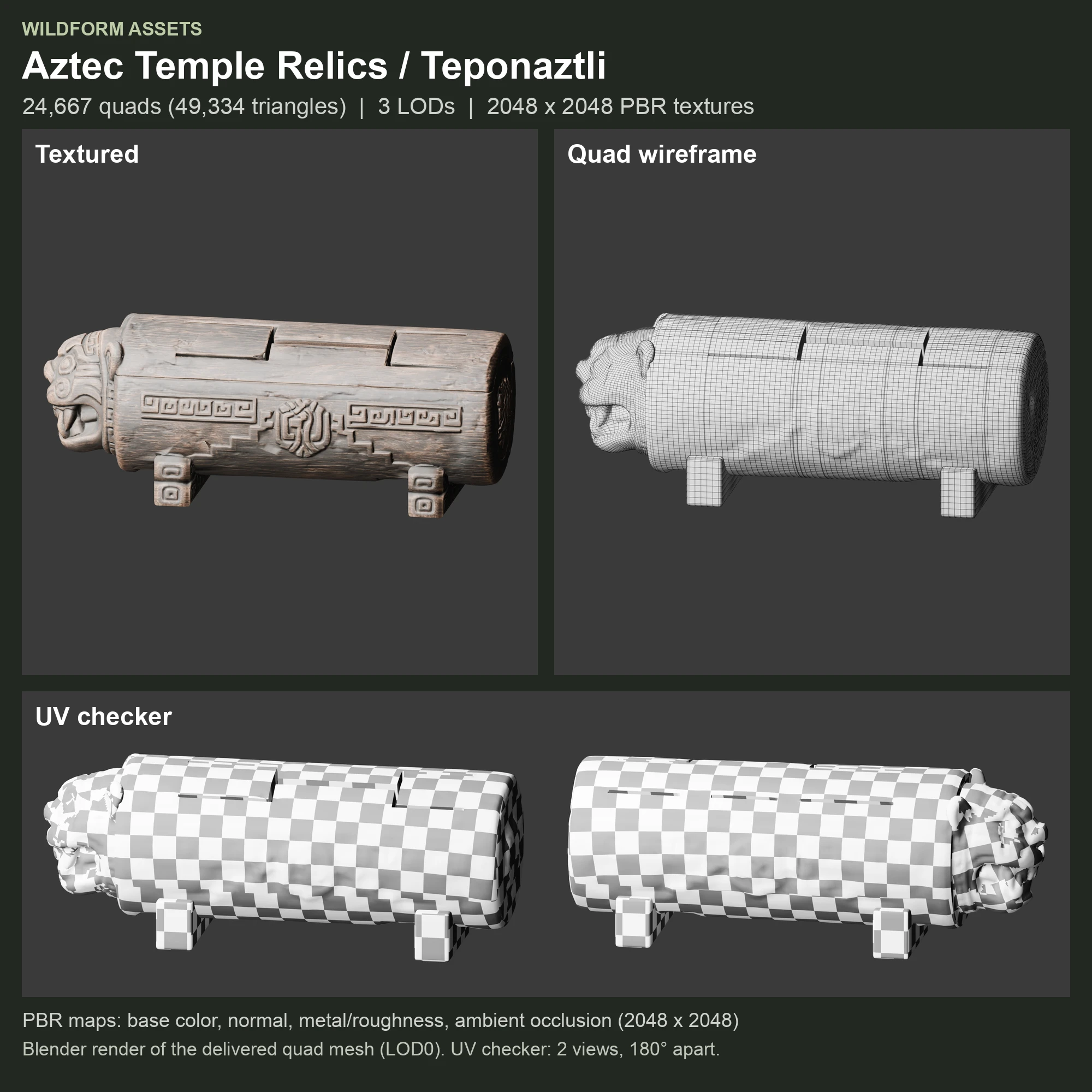 Teponaztli: Model, wireframe and UVs