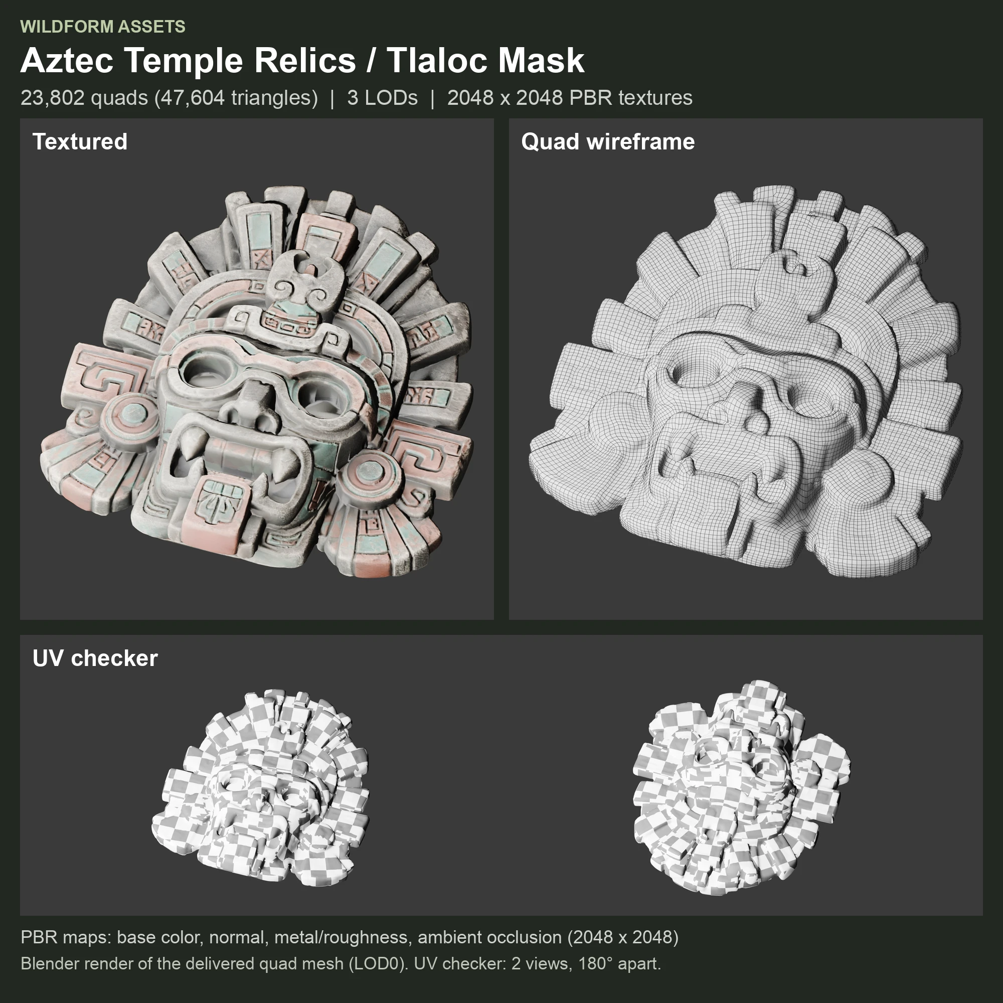 Tlaloc Mask: Model, wireframe and UVs