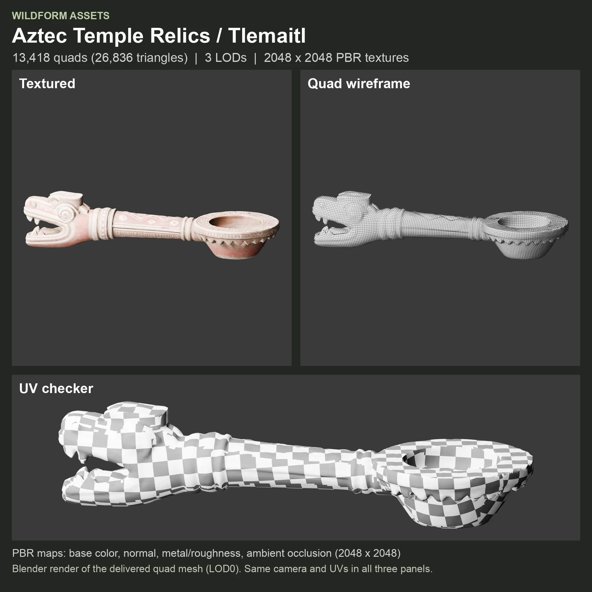 Tlemaitl: Model, wireframe and UVs
