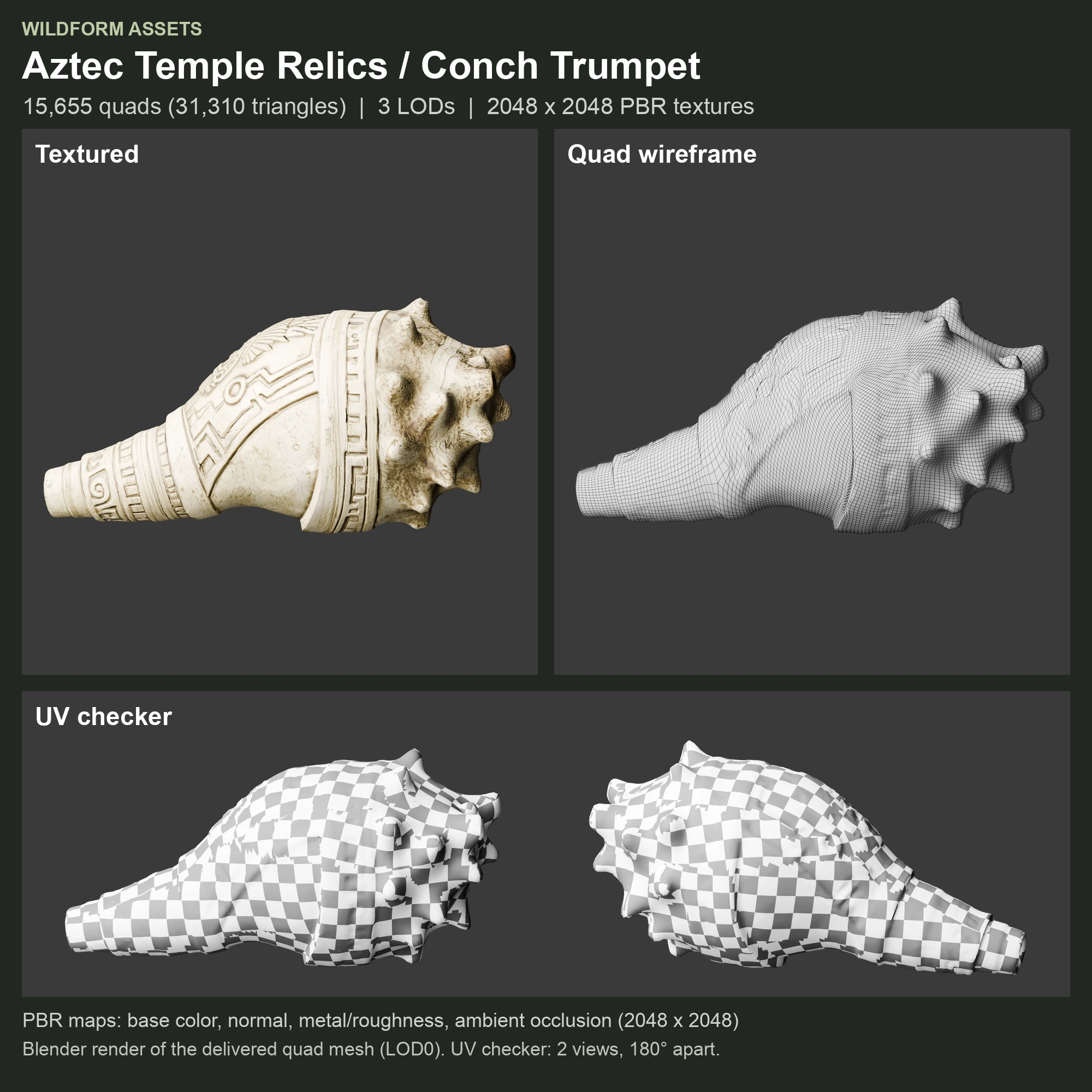 Conch Trumpet: Model, wireframe and UVs