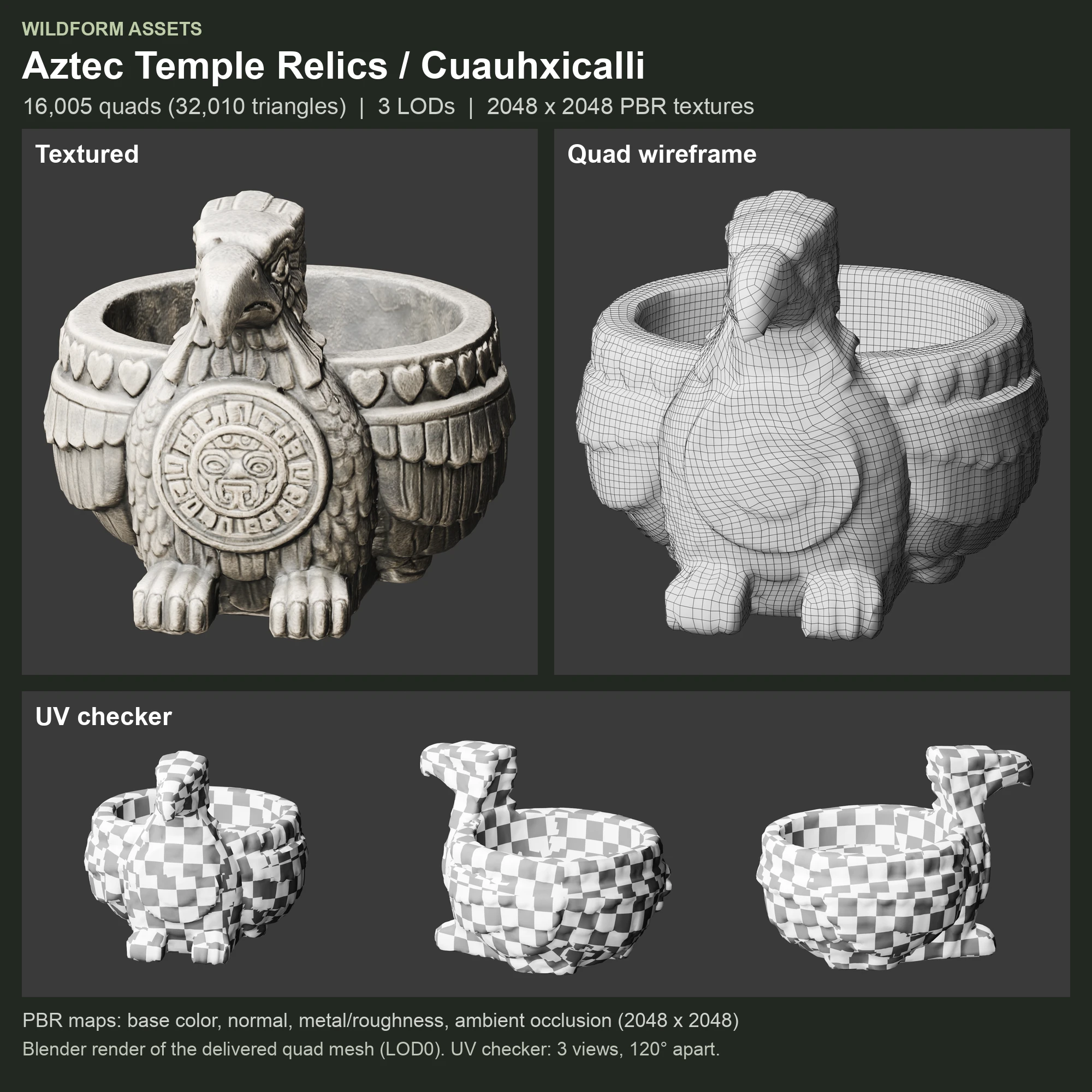 Cuauhxicalli: Model, wireframe and UVs