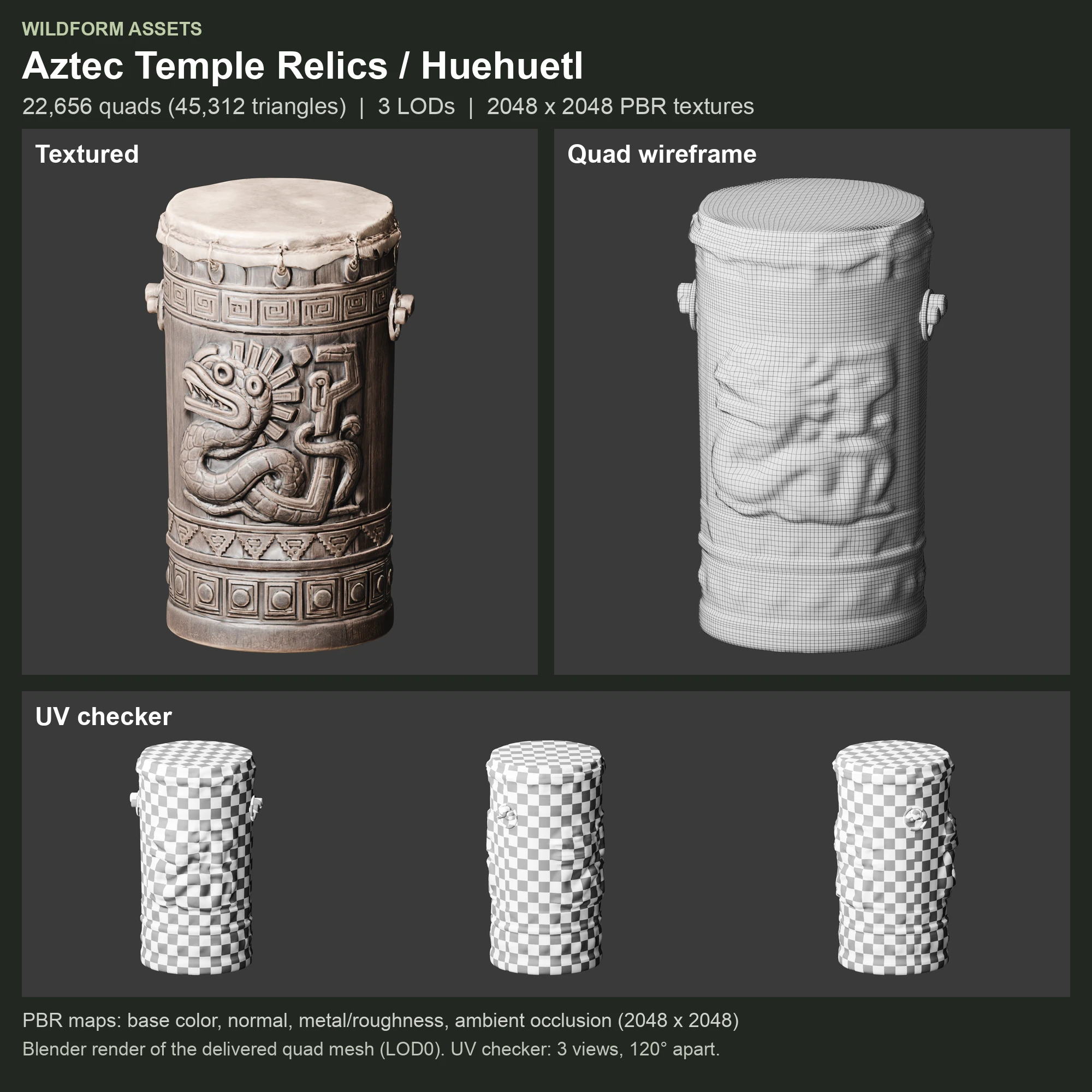 Huehuetl: Model, wireframe and UVs