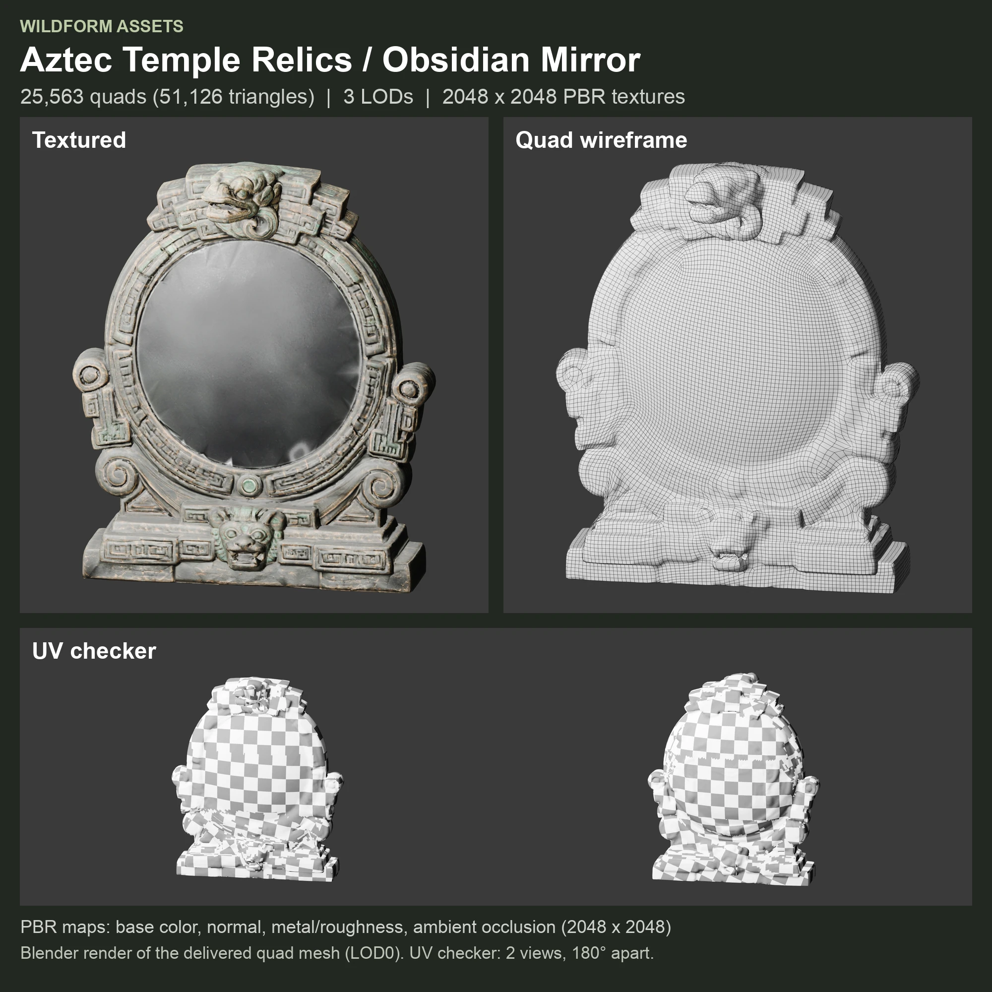 Obsidian Mirror: Model, wireframe and UVs