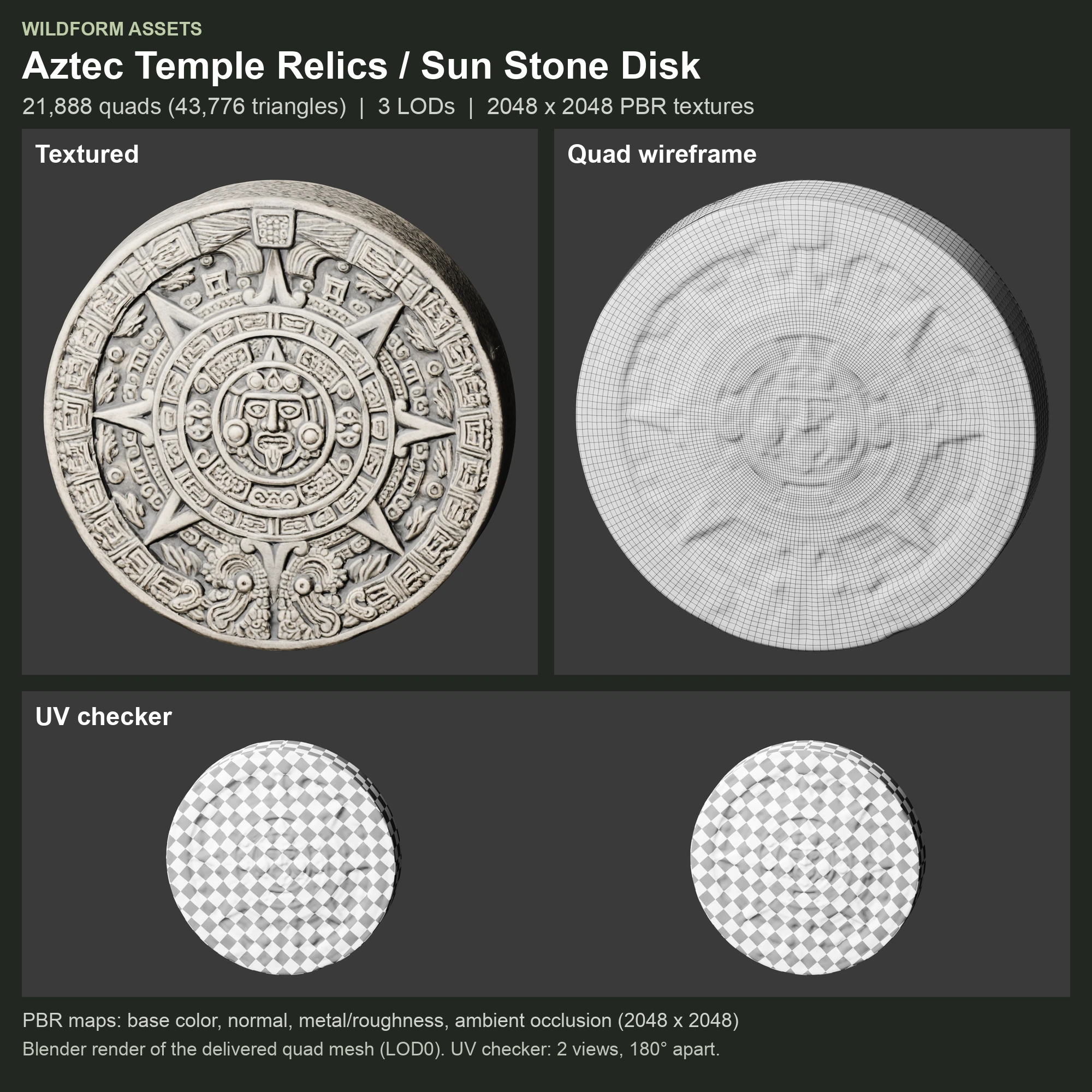 Sun Stone Disk: Model, wireframe and UVs