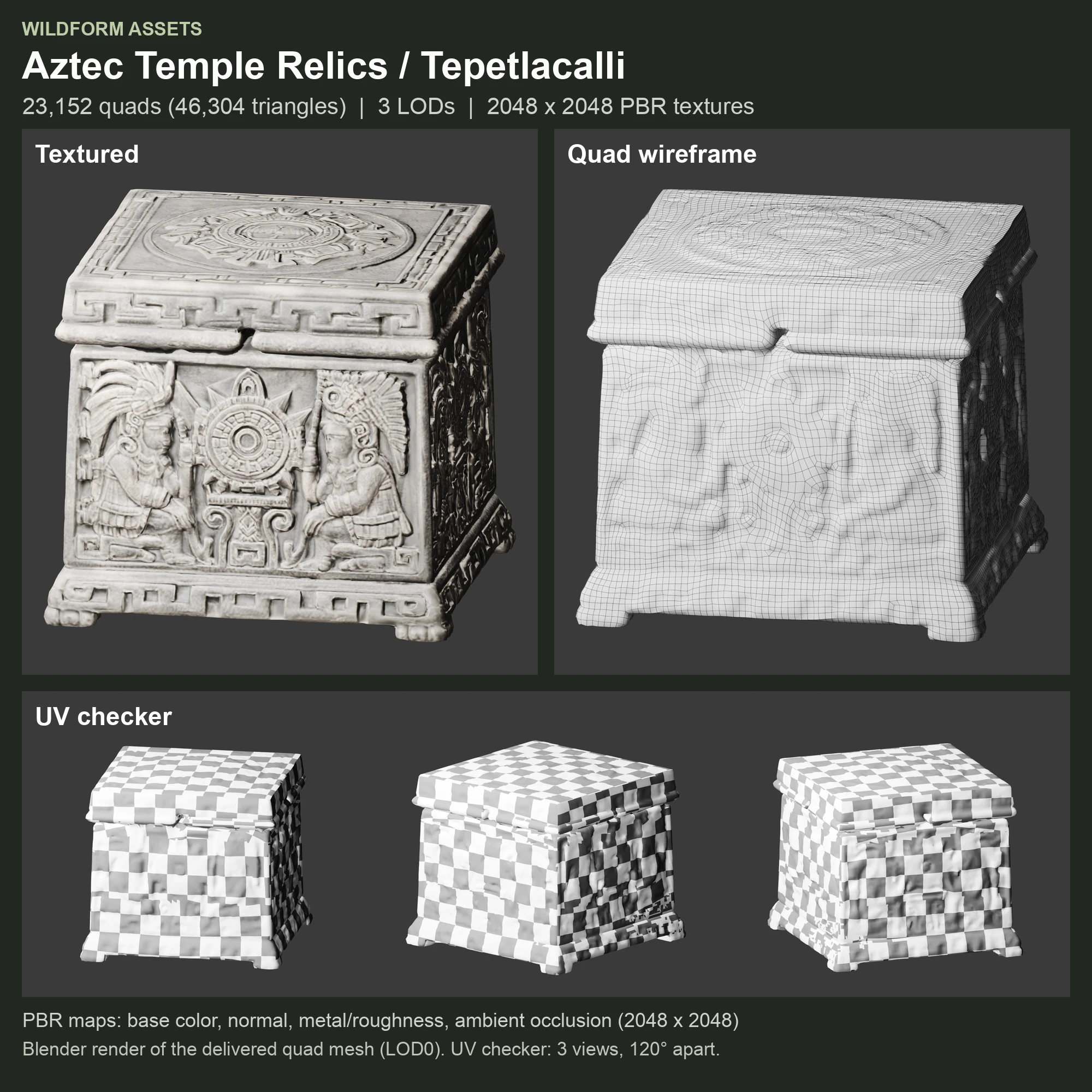 Tepetlacalli: Model, wireframe and UVs
