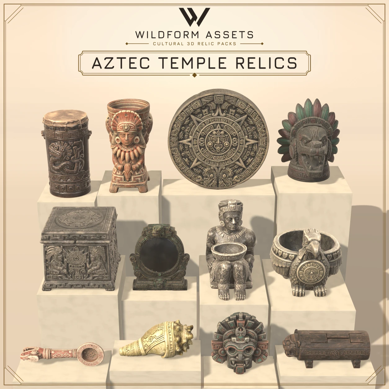 Wildform Assets Aztec Temple Relics preview with twelve Mesoamerican temple props