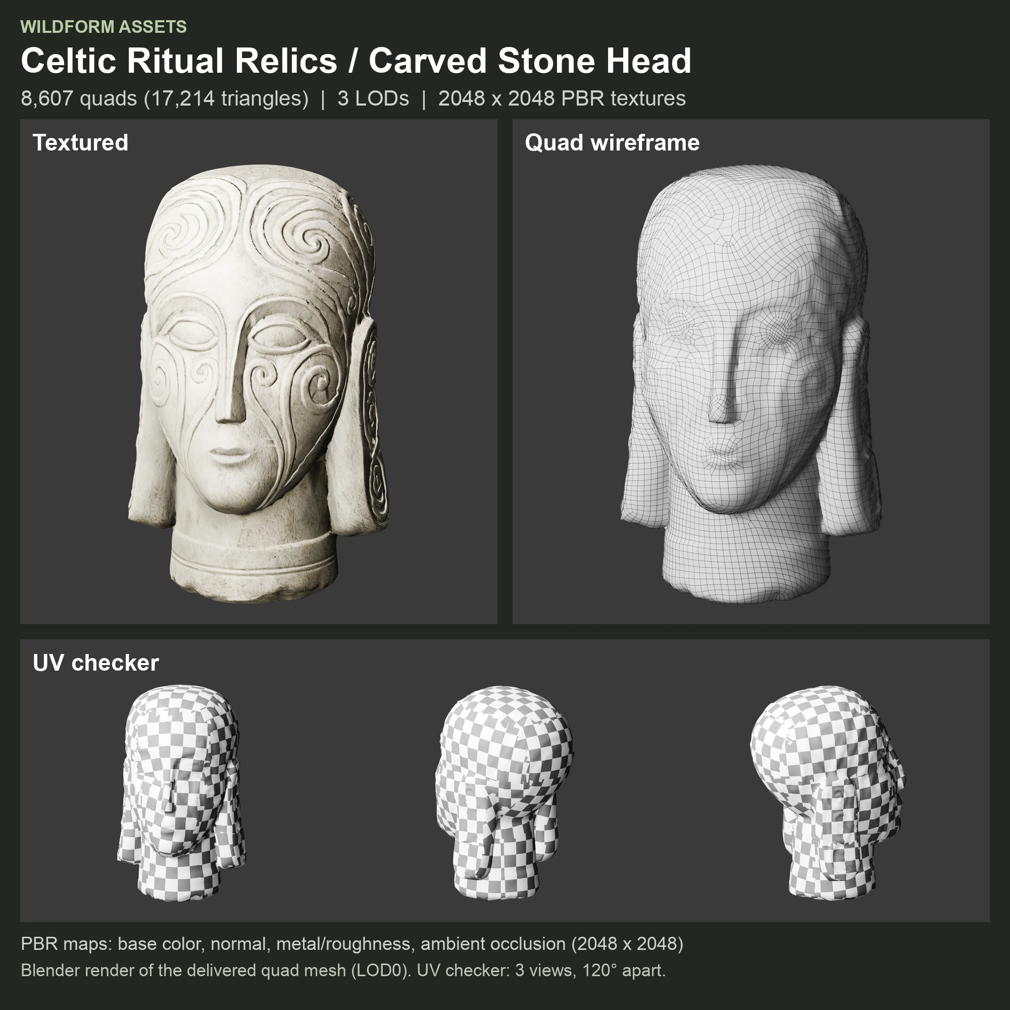 Carved Stone Head: Model, wireframe and UVs