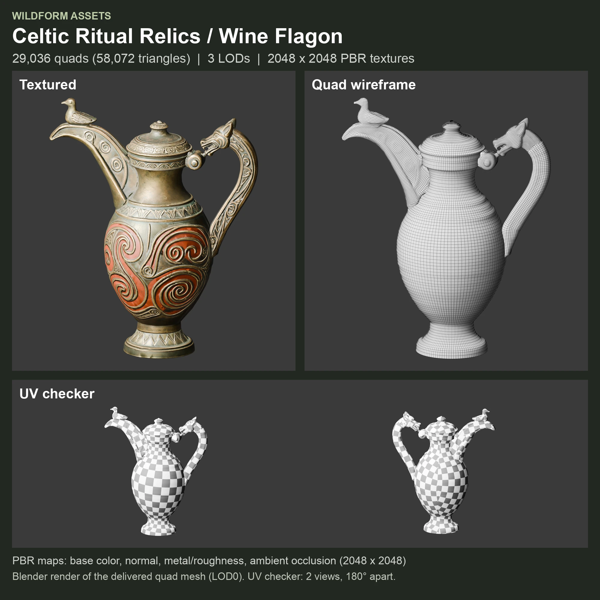 Wine Flagon: Model, wireframe and UVs