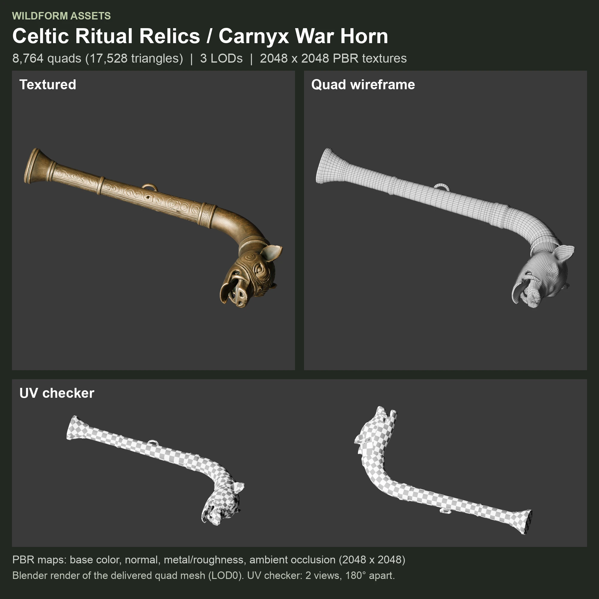 Carnyx War Horn: Model, wireframe and UVs