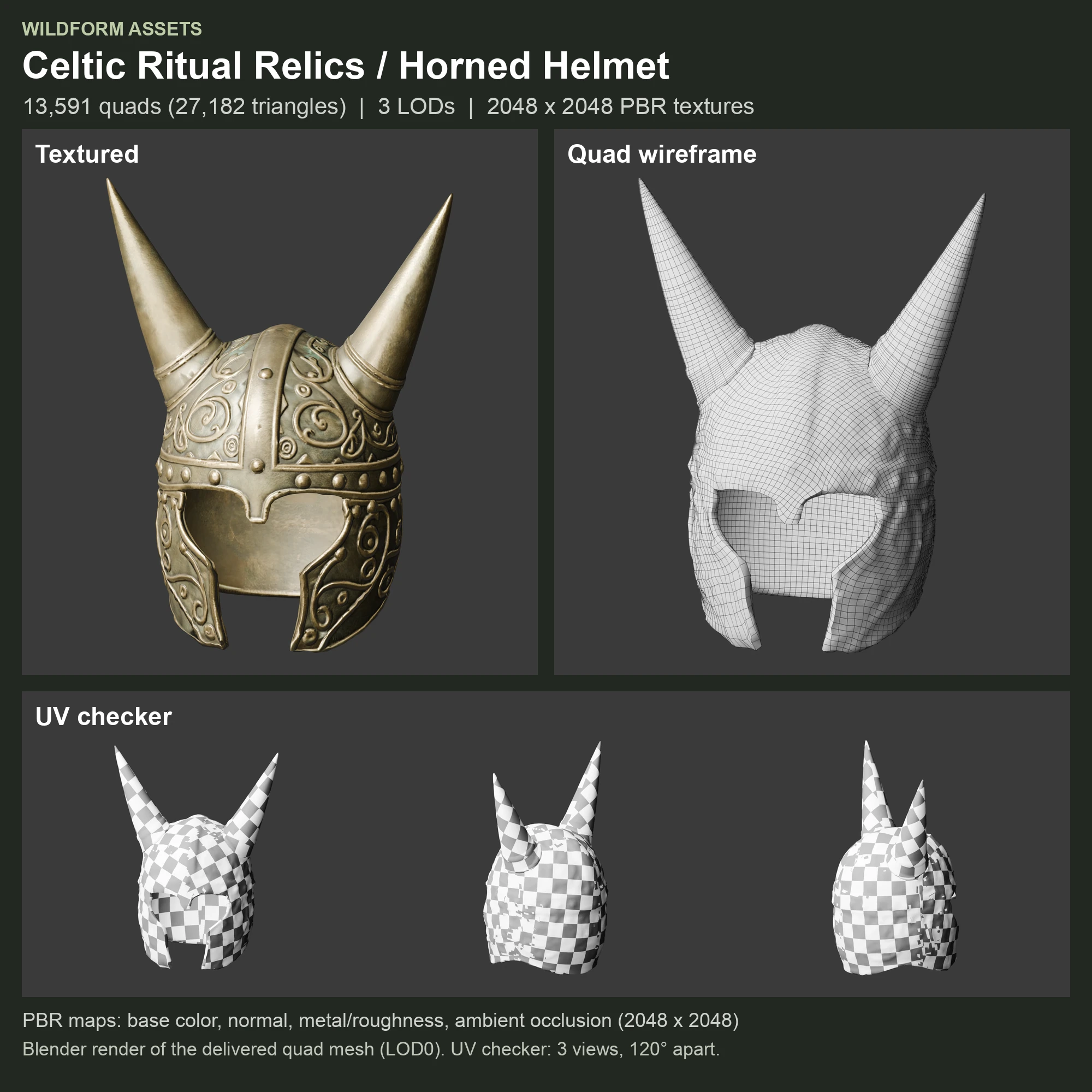 Horned Helmet: Model, wireframe and UVs