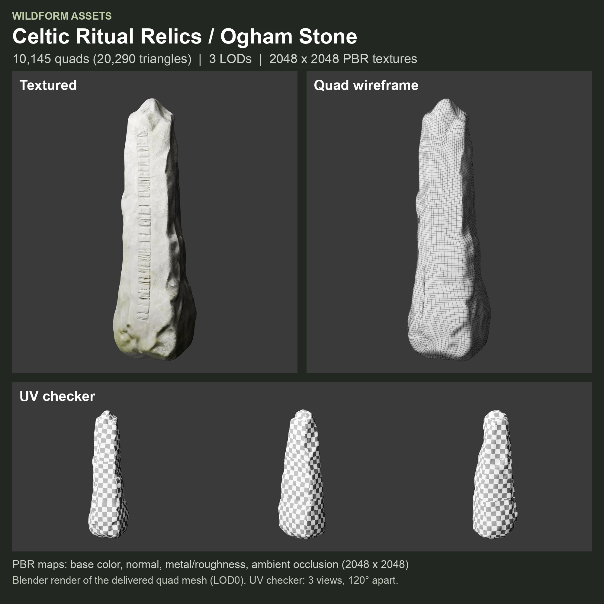 Ogham Stone: Model, wireframe and UVs