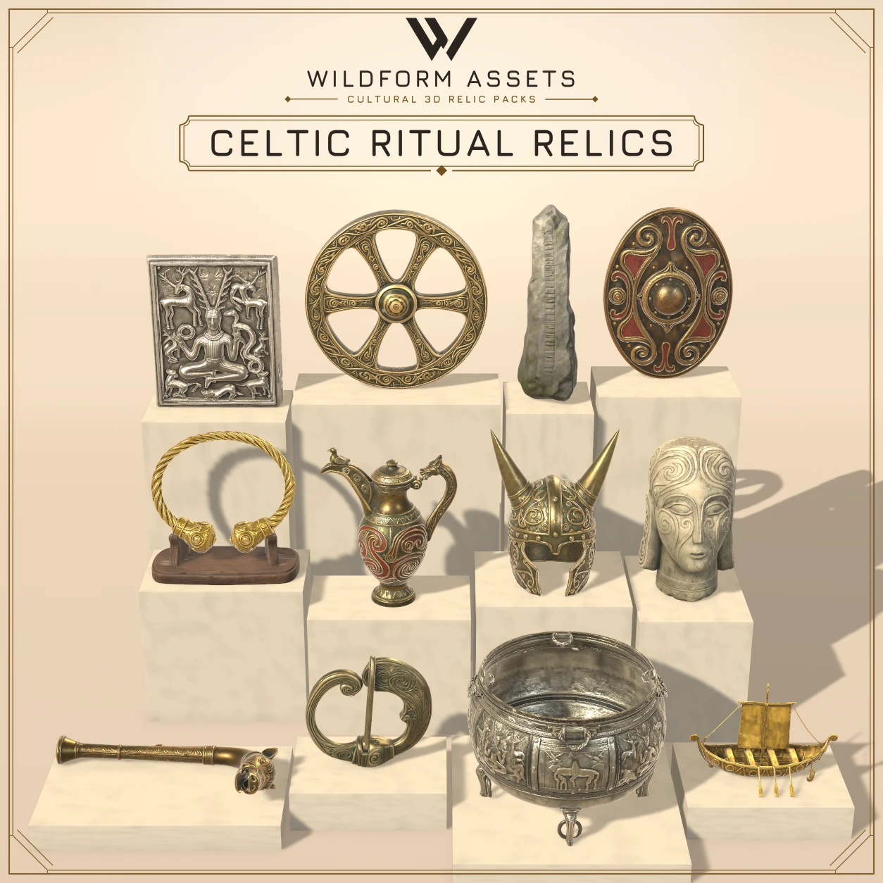 Wildform Assets Celtic Ritual Relics preview with twelve Iron Age La Tène props