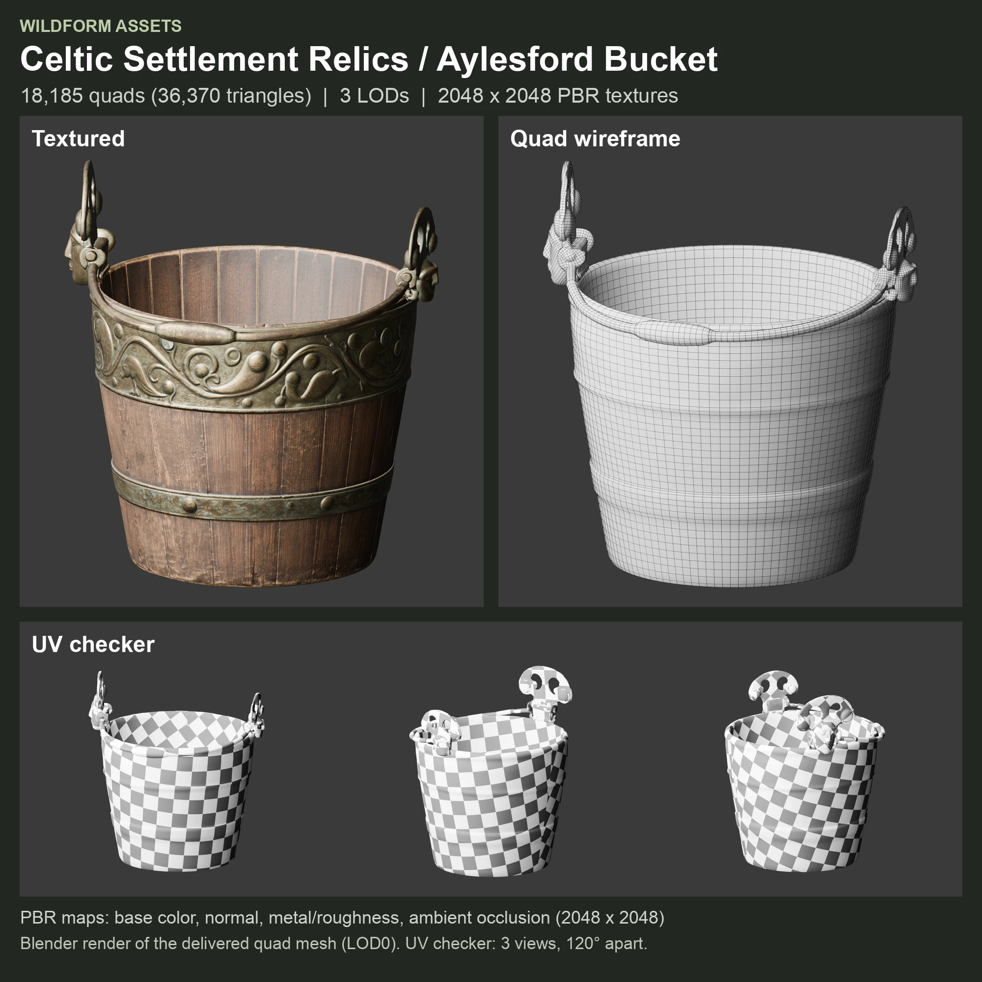 Aylesford Bucket: textured model, quad wireframe and UV checker
