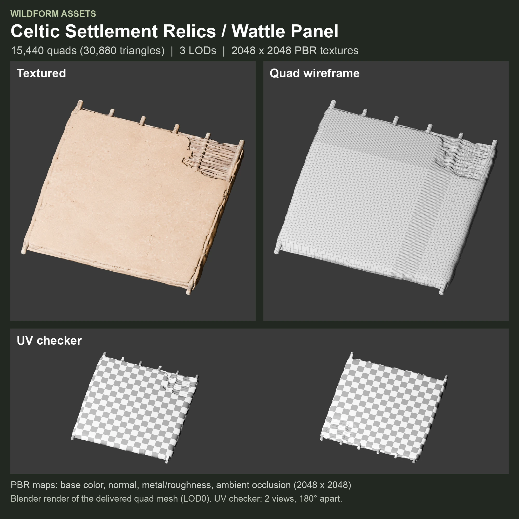 Wattle Panel: textured model, quad wireframe and UV checker