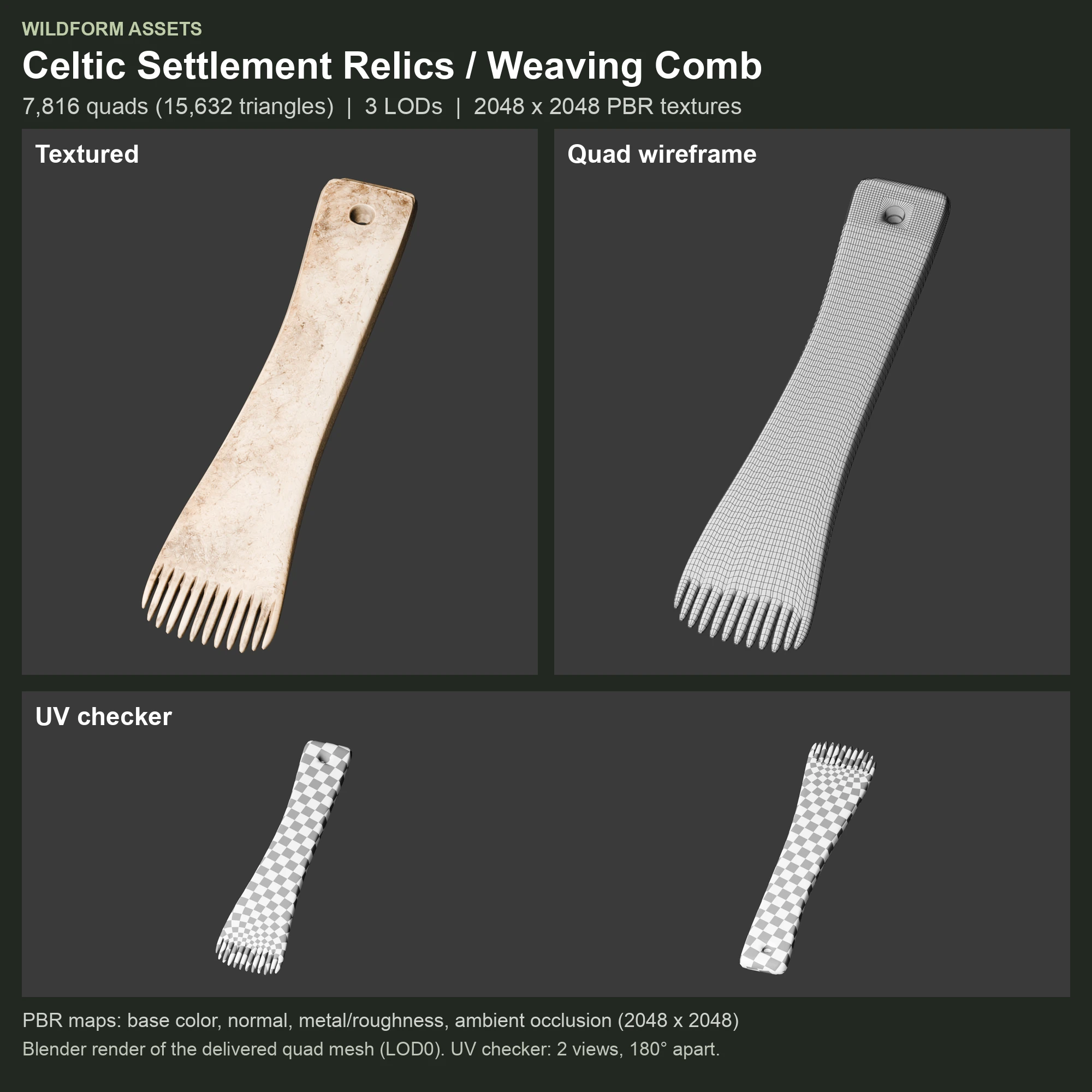 Weaving Comb: textured model, quad wireframe and UV checker
