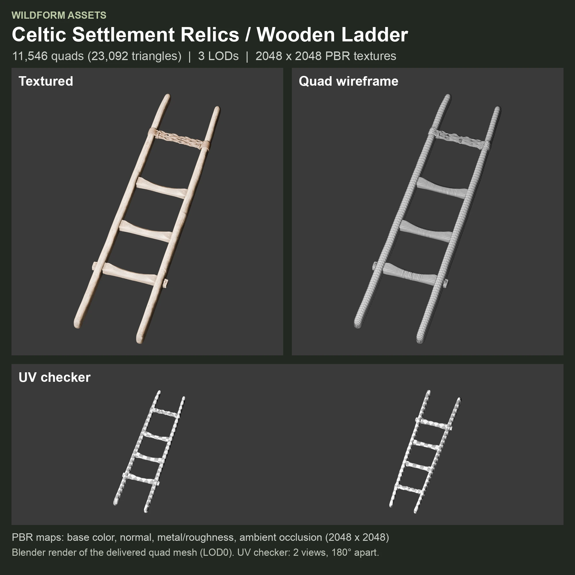 Wooden Ladder: textured model, quad wireframe and UV checker