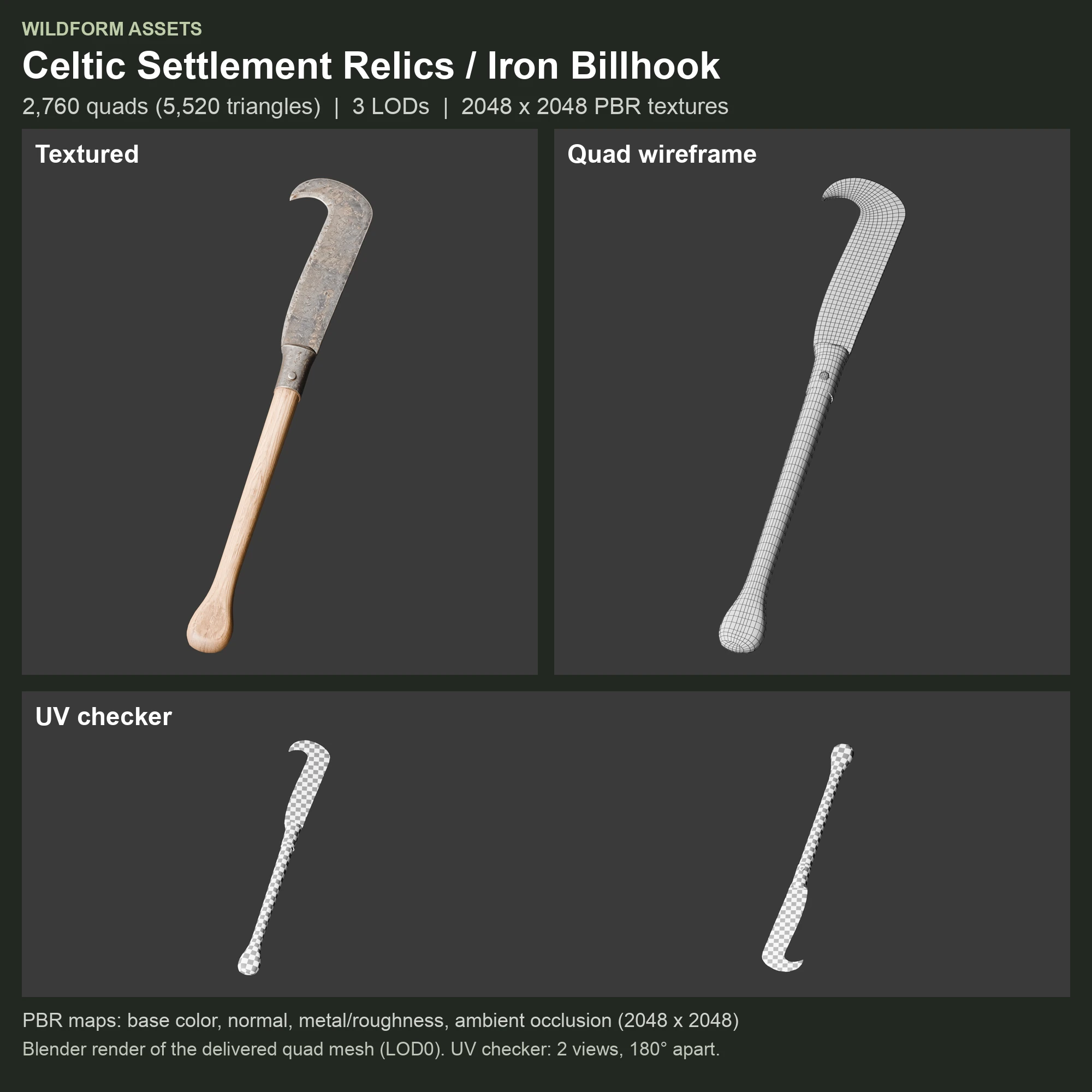 Iron Billhook: textured model, quad wireframe and UV checker