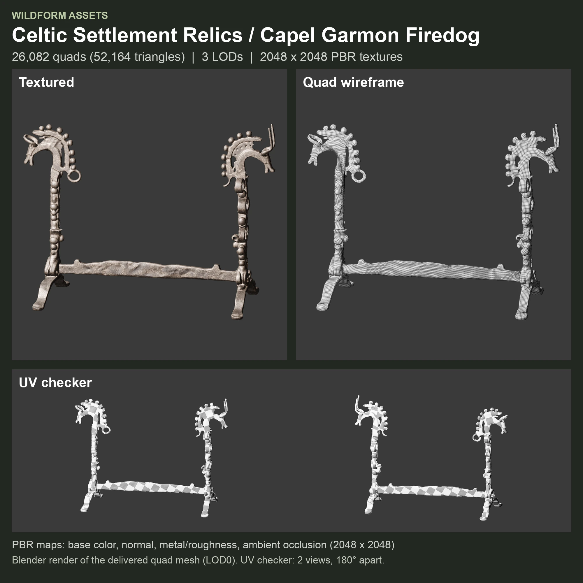 Capel Garmon Firedog: textured model, quad wireframe and UV checker
