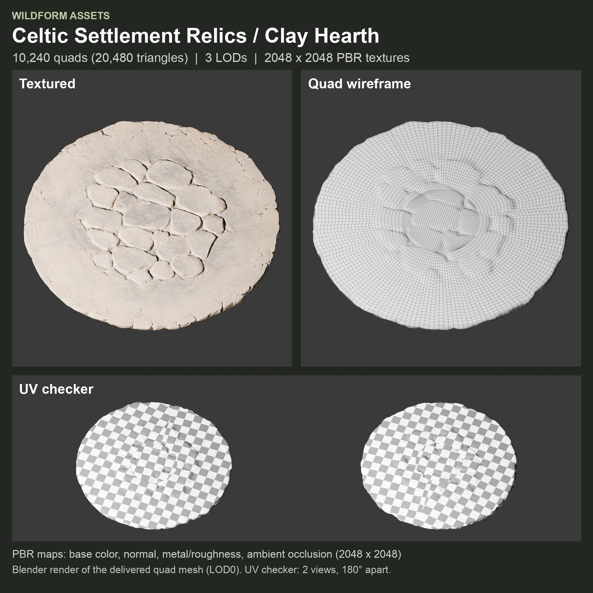 Clay Hearth: textured model, quad wireframe and UV checker