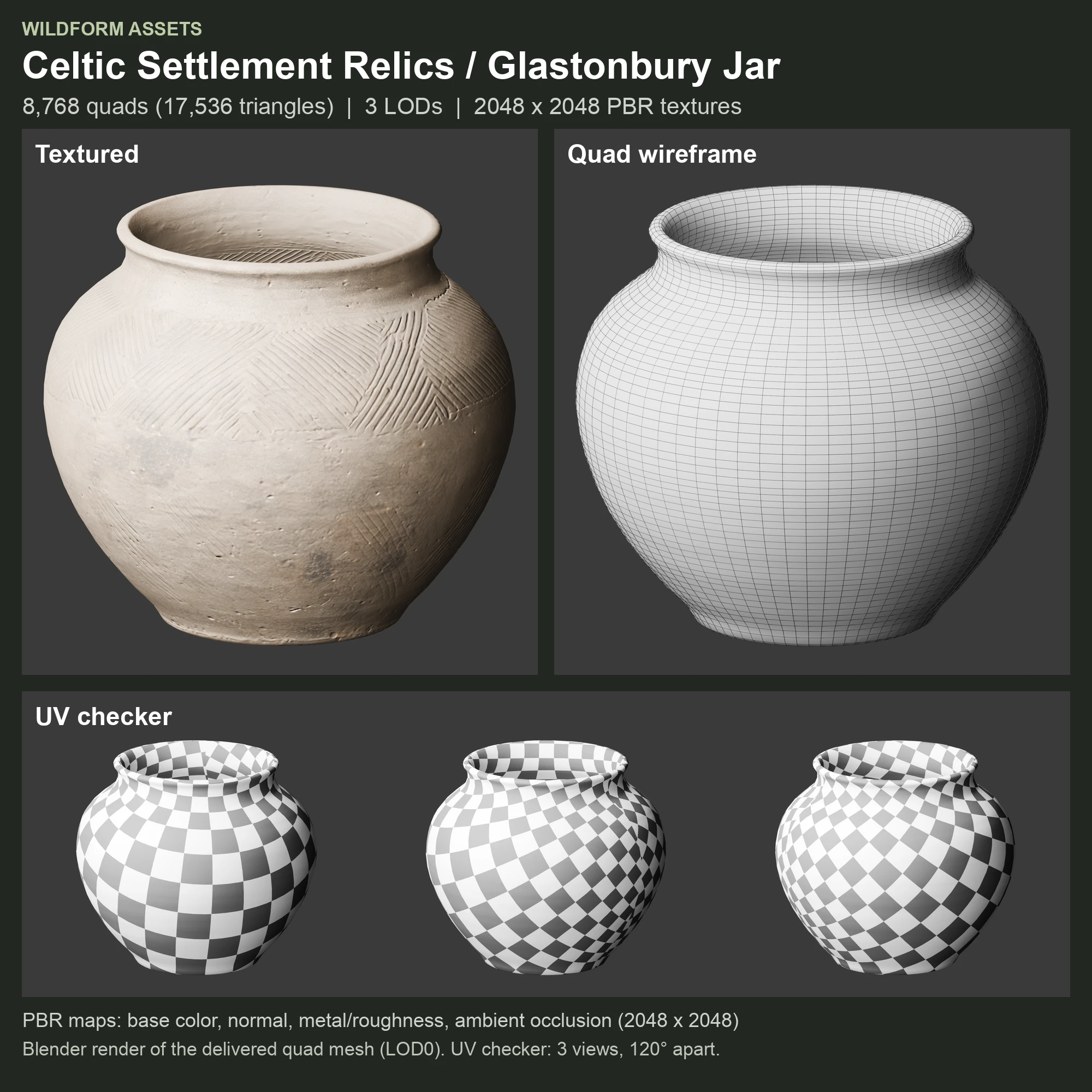 Glastonbury Jar: textured model, quad wireframe and UV checker