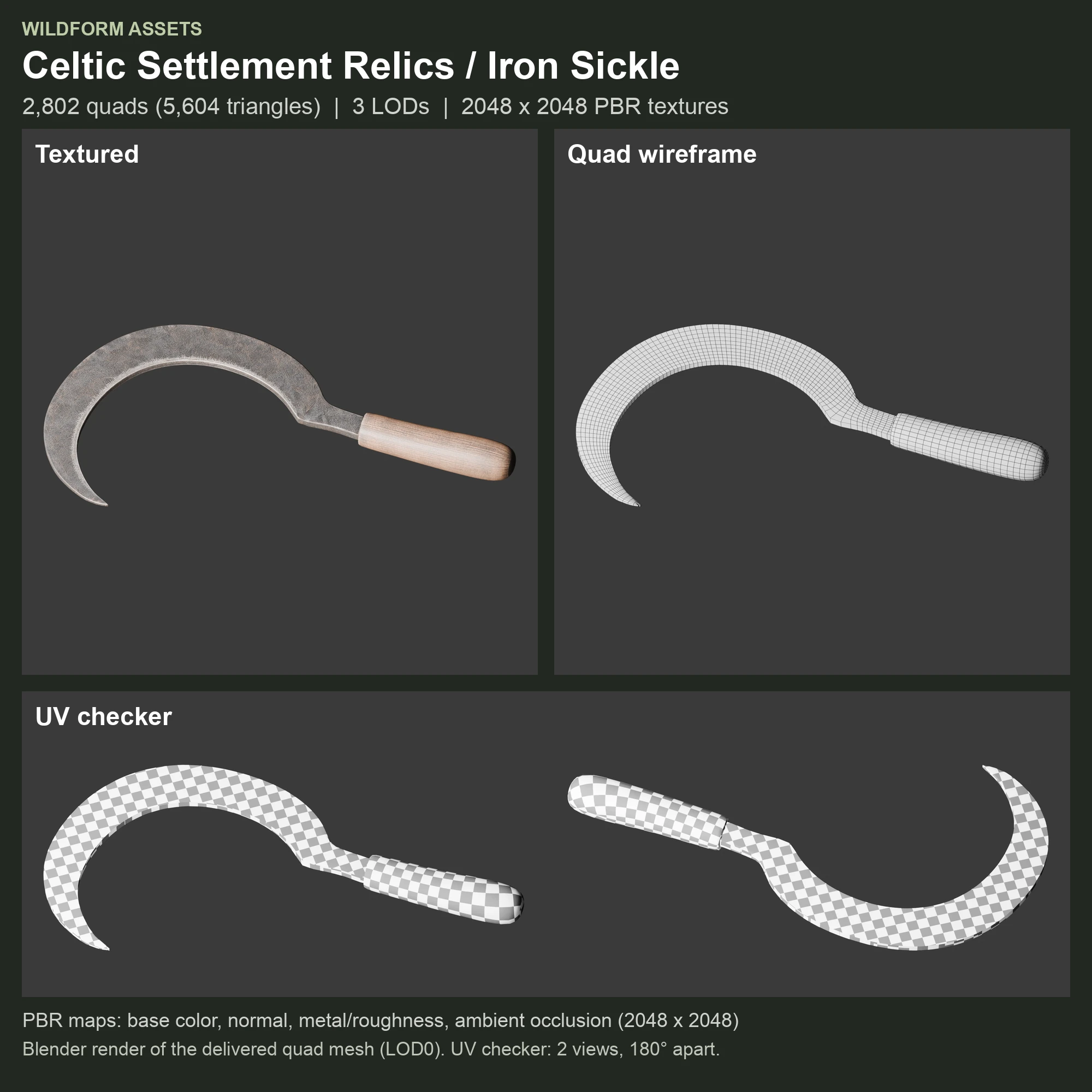 Iron Sickle: textured model, quad wireframe and UV checker