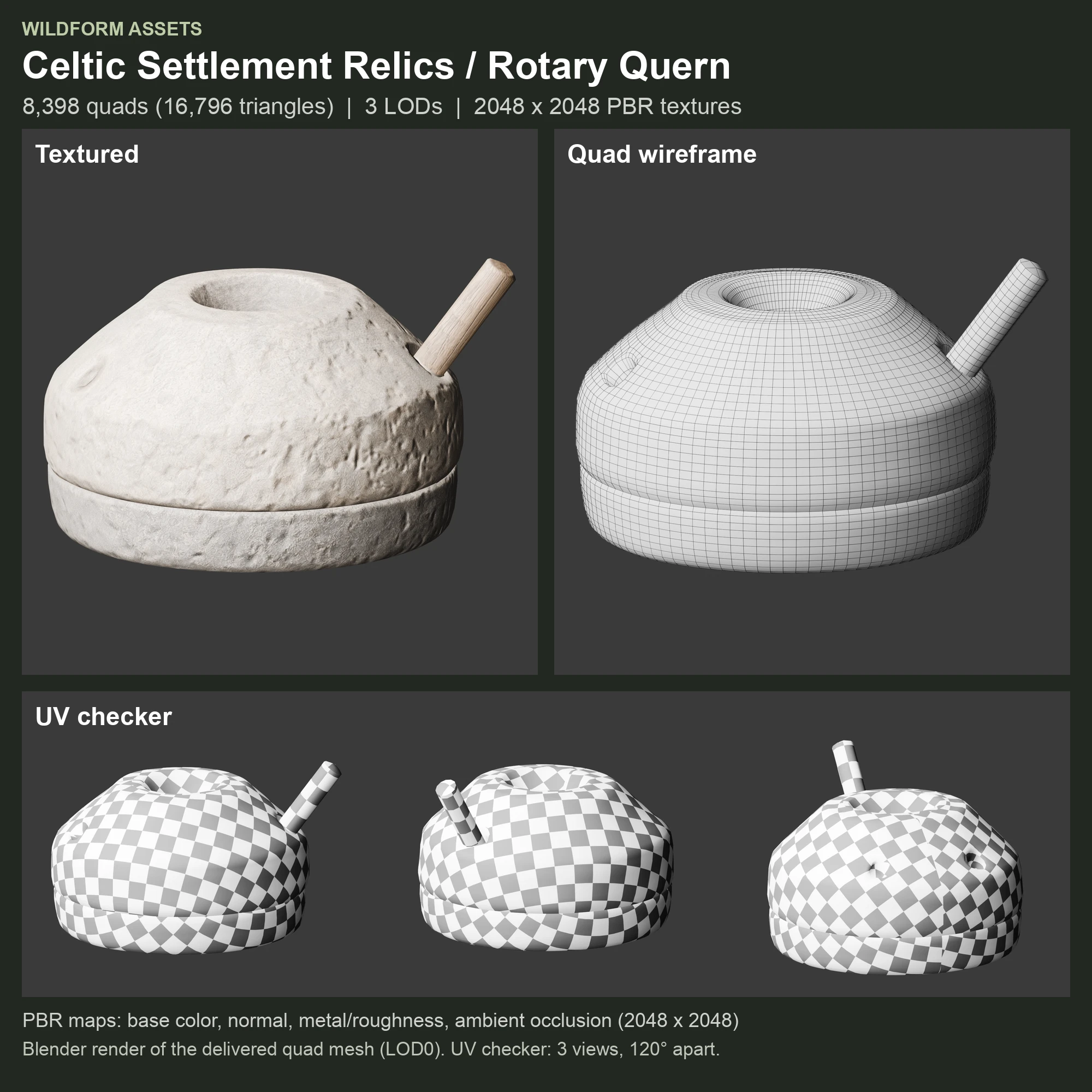 Rotary Quern: textured model, quad wireframe and UV checker