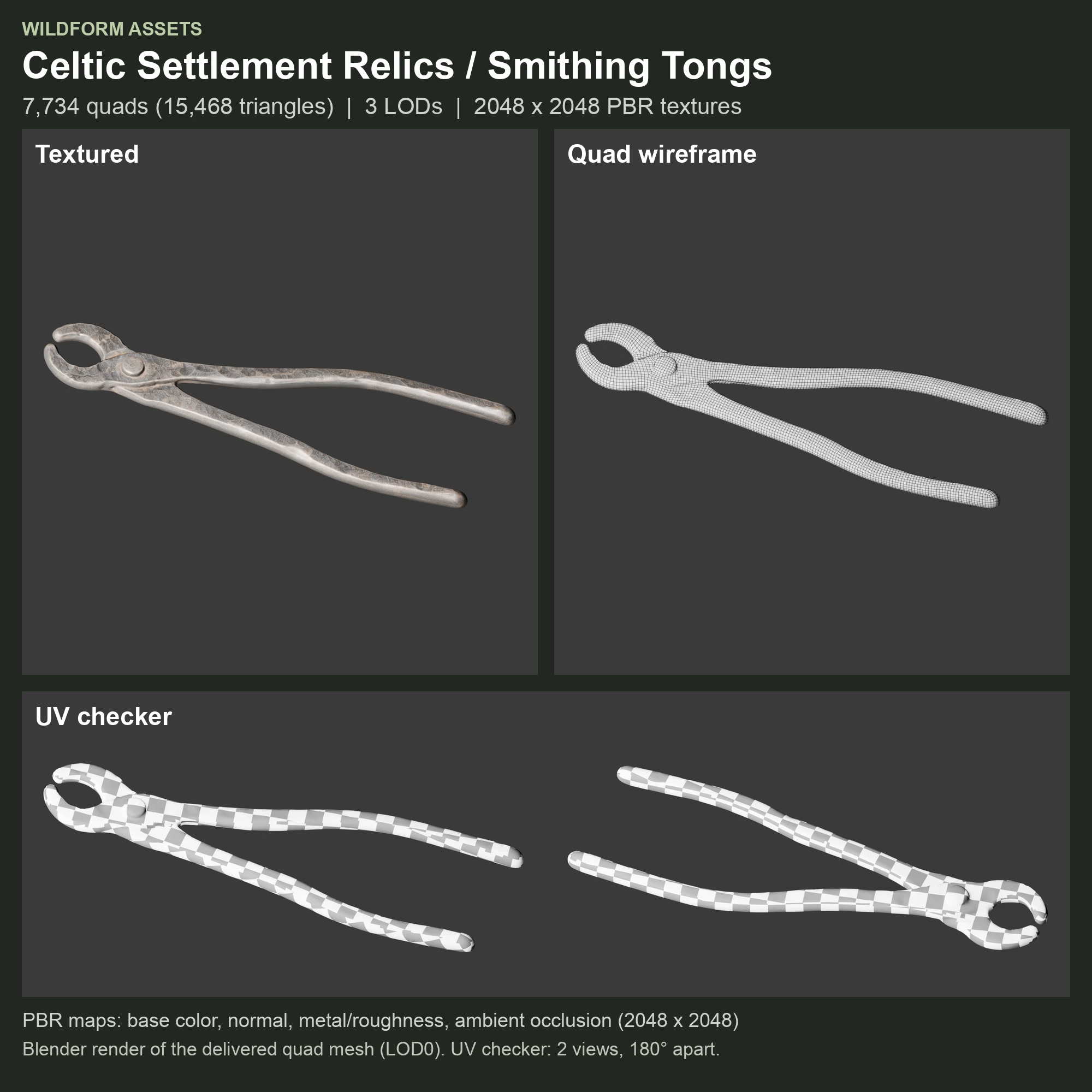 Smithing Tongs: textured model, quad wireframe and UV checker