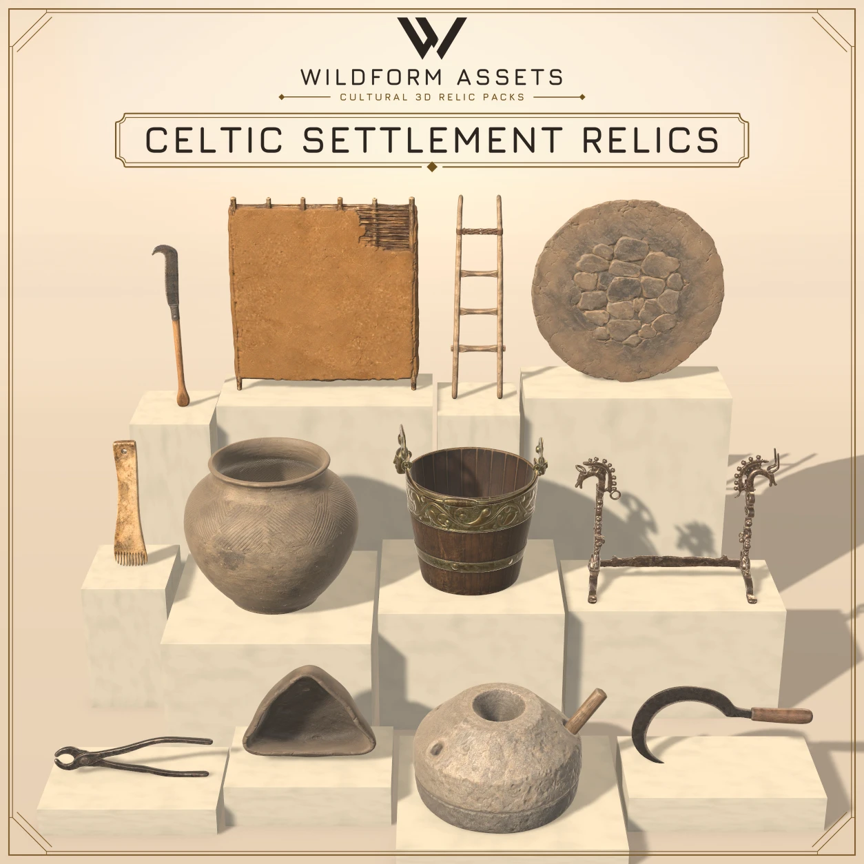 Celtic household and workshop objects in wood, iron, clay, stone, and antler.
