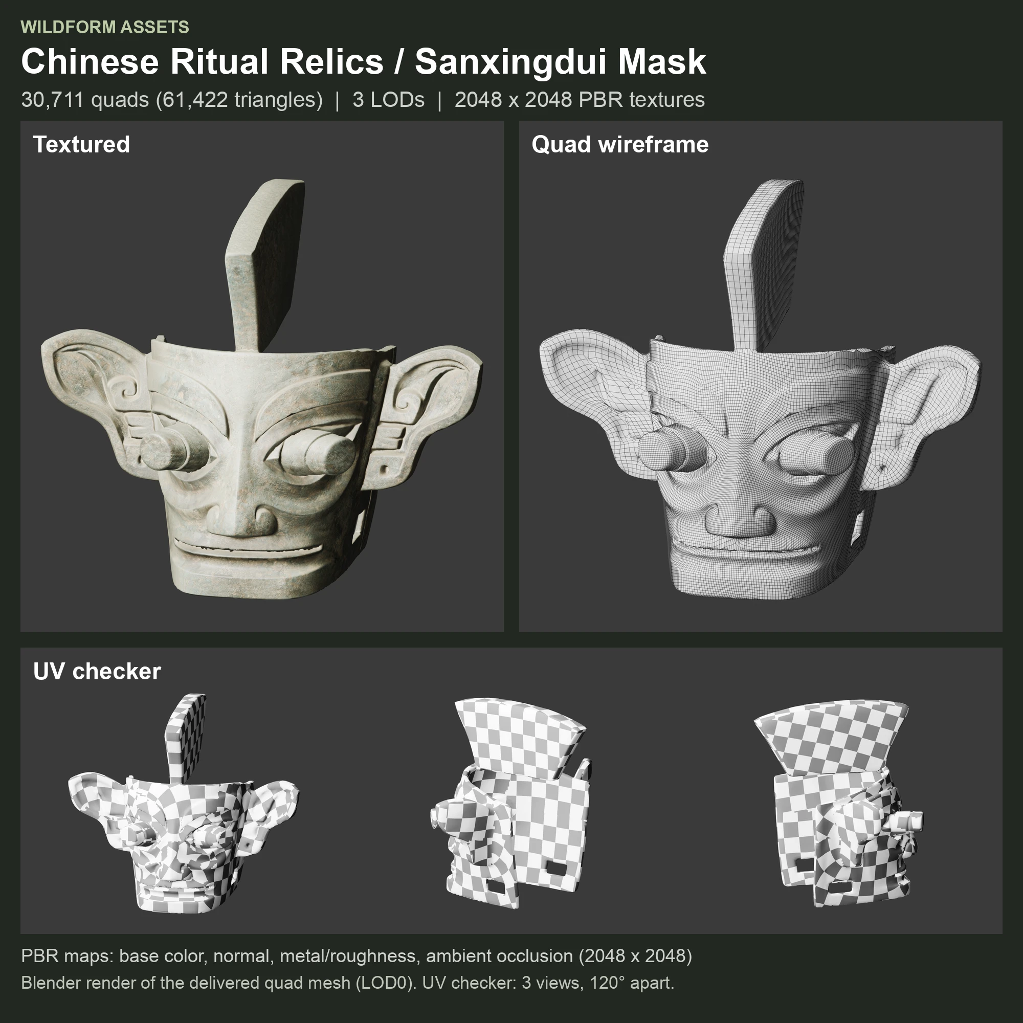Sanxingdui Mask: Model, wireframe and UVs