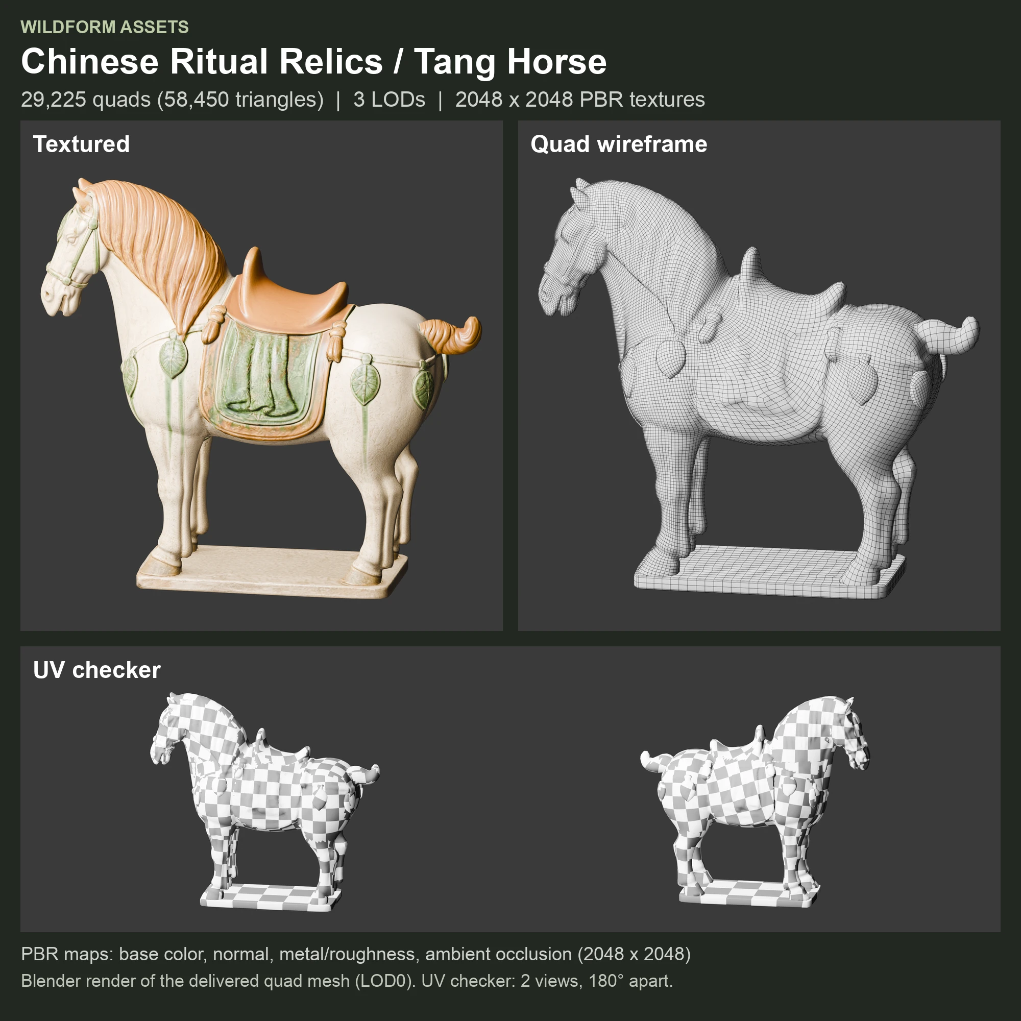 Tang Horse: Model, wireframe and UVs