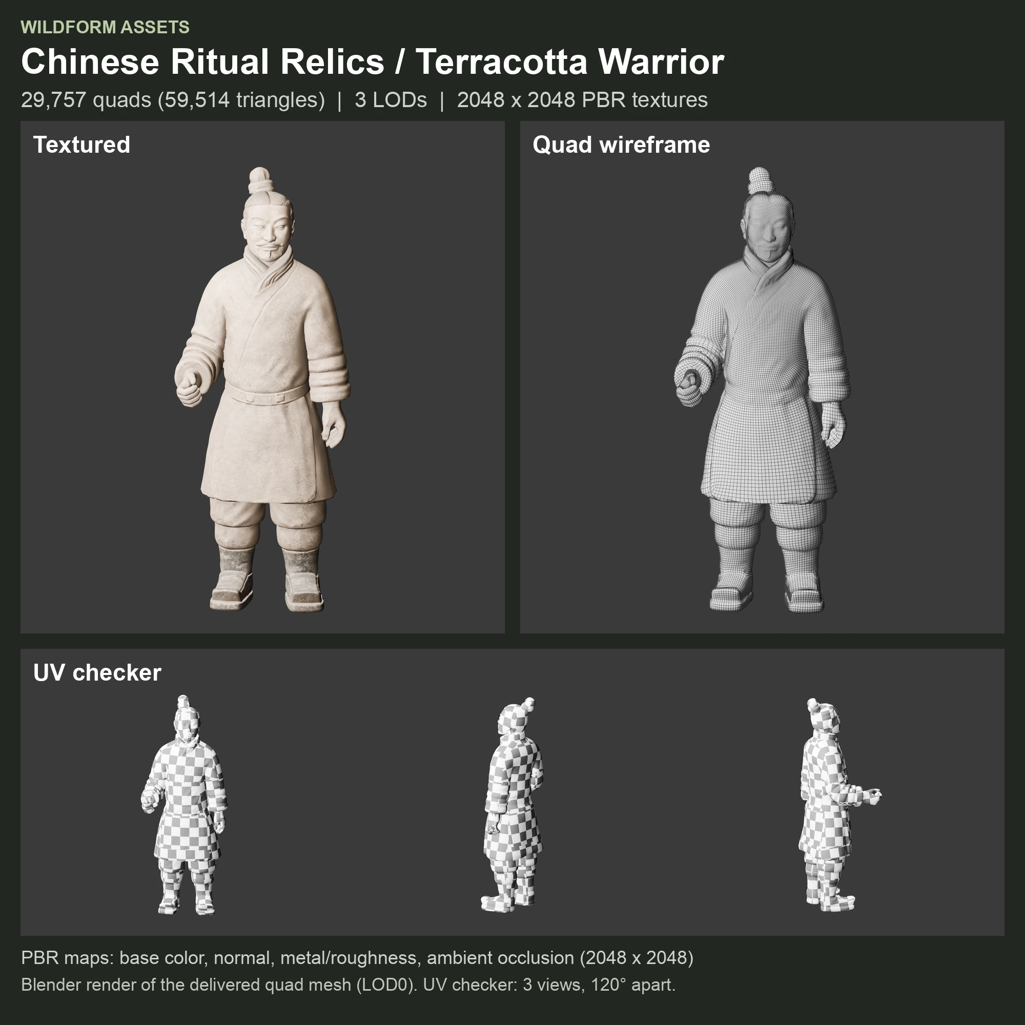 Terracotta Warrior: Model, wireframe and UVs
