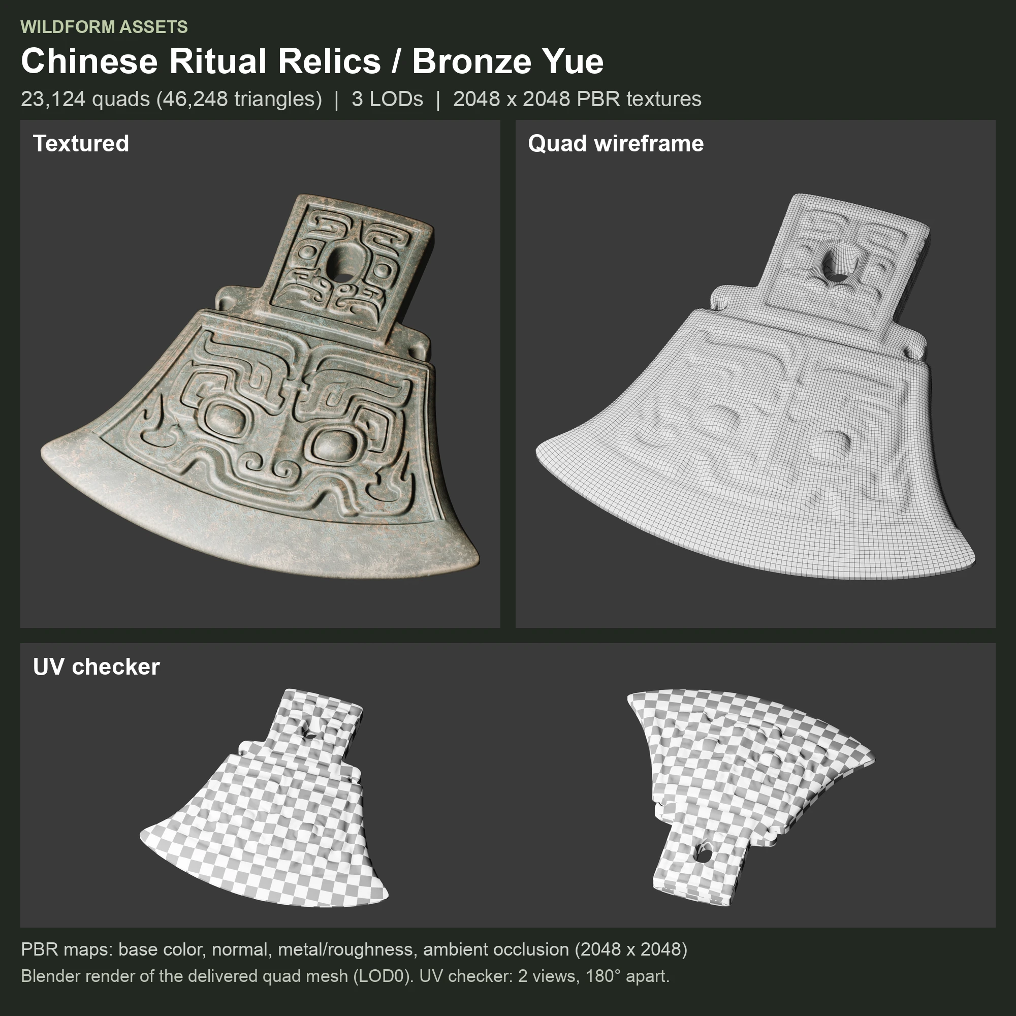 Bronze Yue: Model, wireframe and UVs