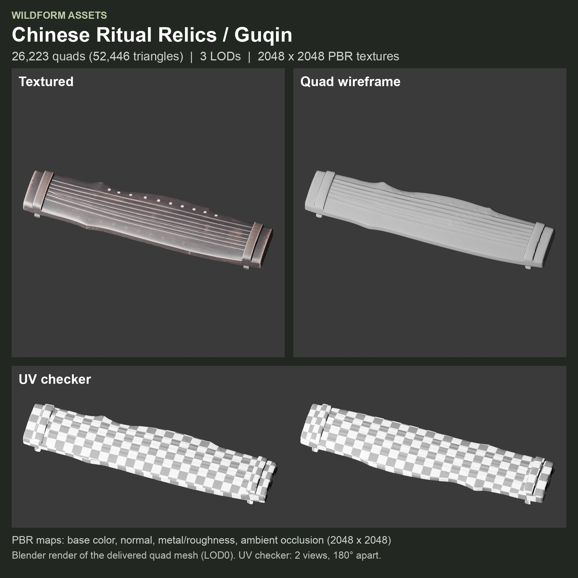 Guqin: Model, wireframe and UVs