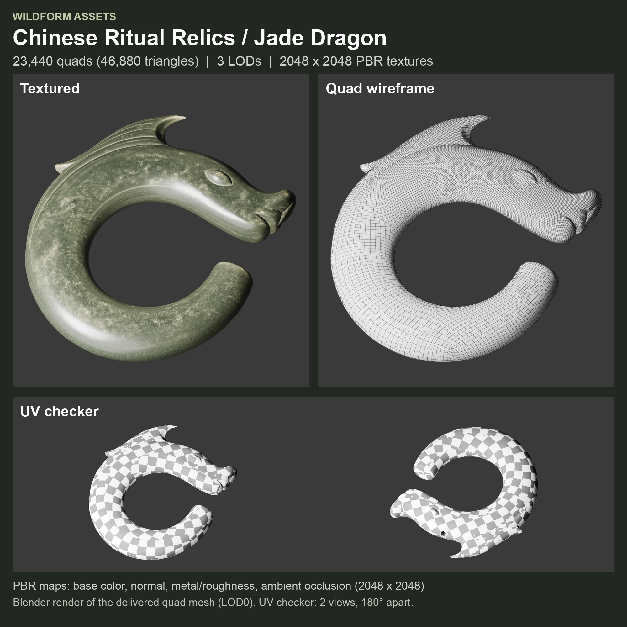 Jade Dragon: Model, wireframe and UVs