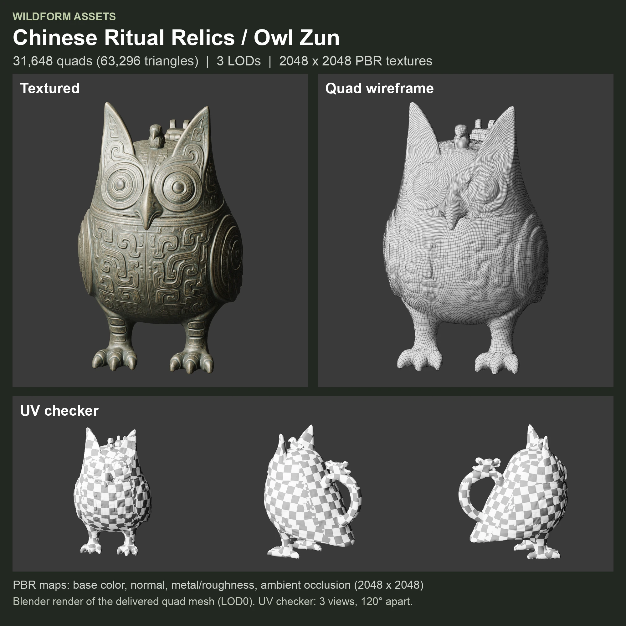 Owl Zun: Model, wireframe and UVs