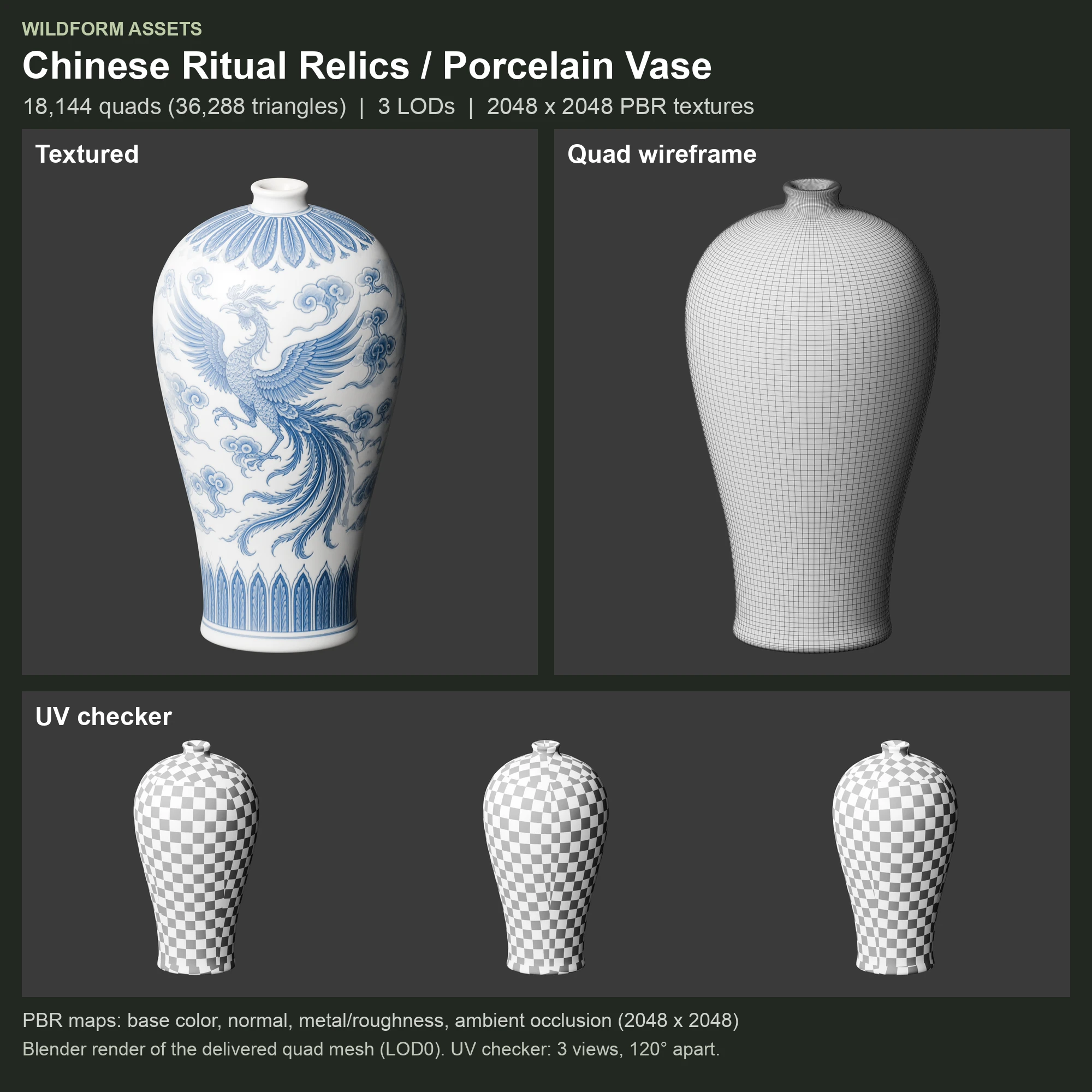 Porcelain Vase: Model, wireframe and UVs