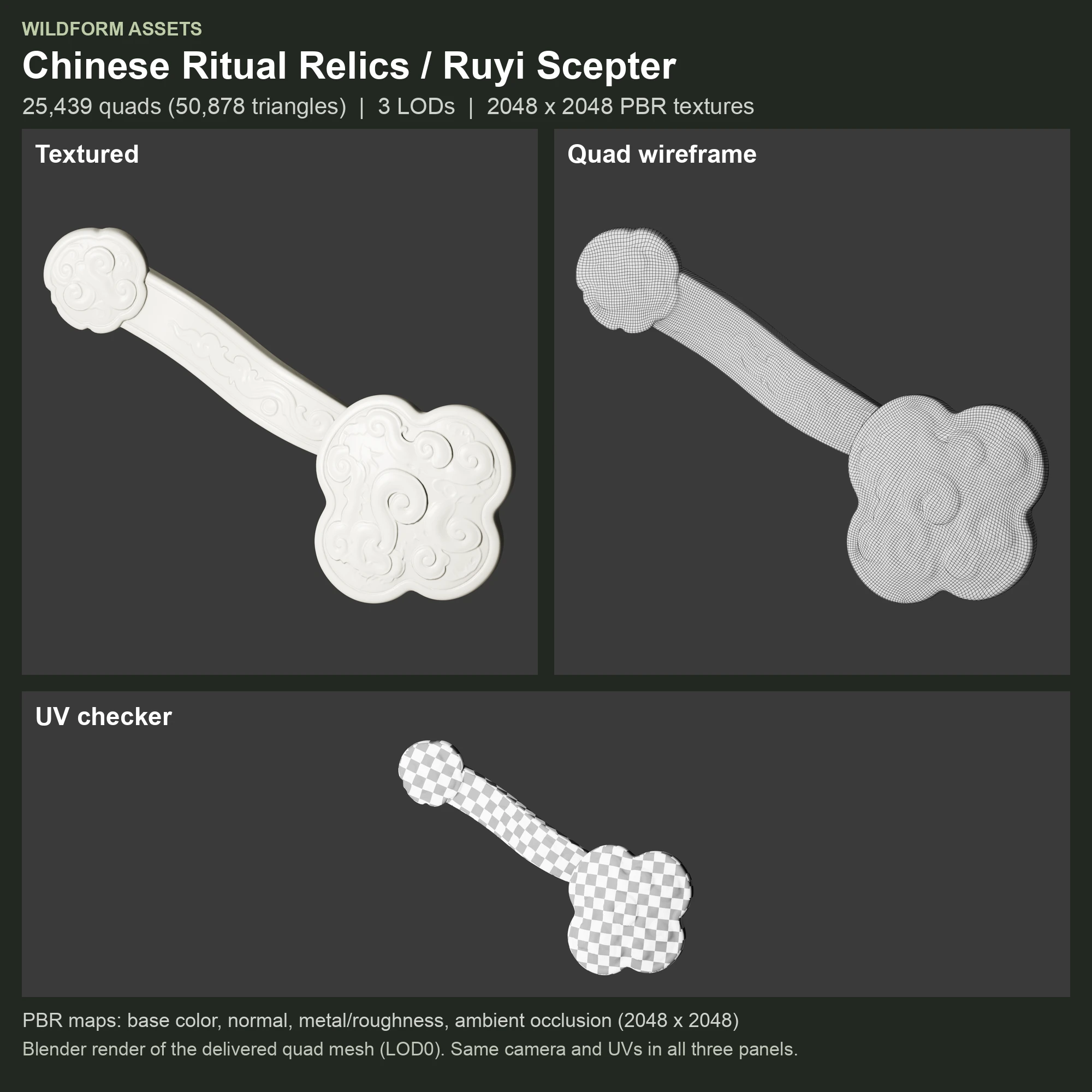 Ruyi Scepter: Model, wireframe and UVs