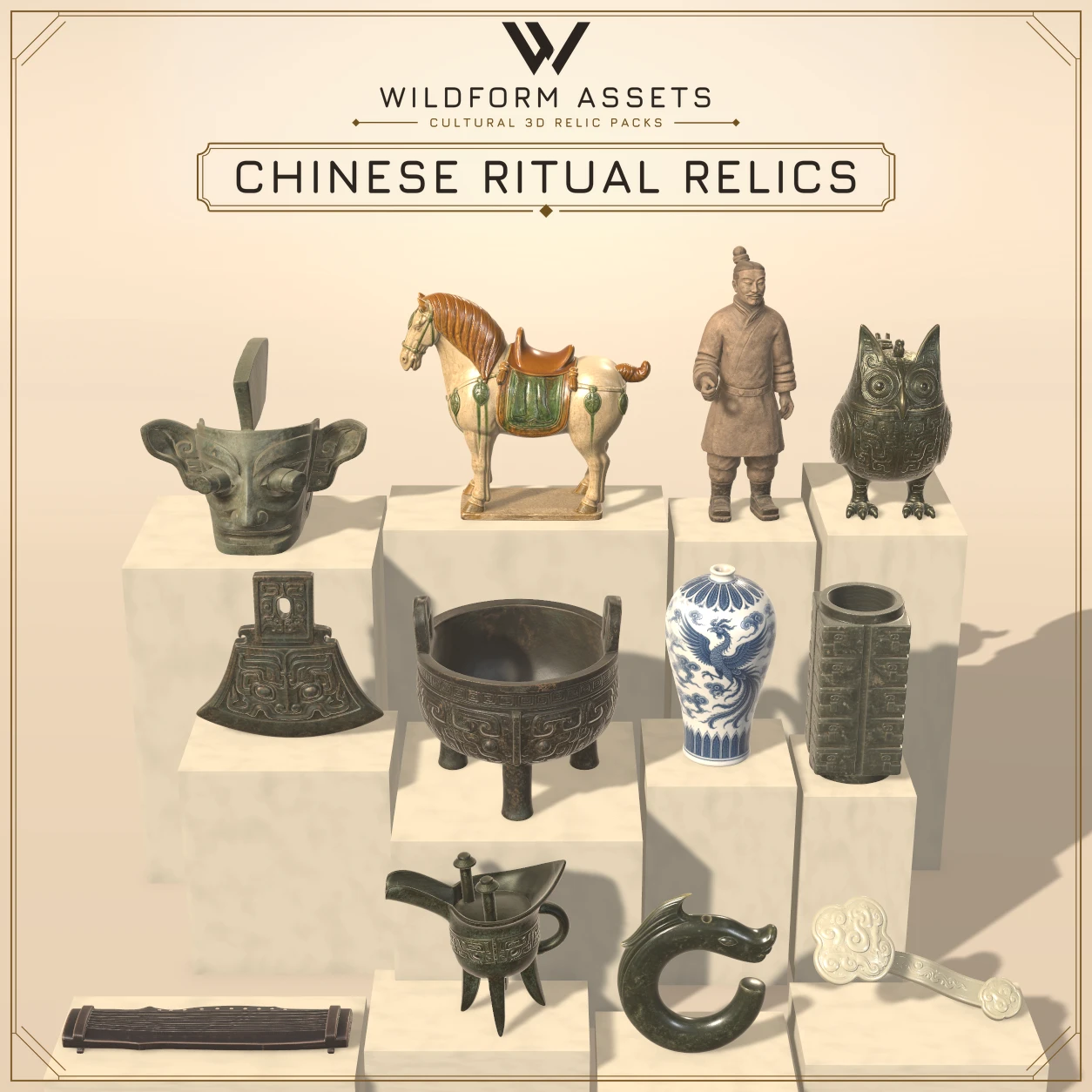 Wildform Assets Chinese Ritual Relics preview with twelve Chinese tomb, temple, and court props