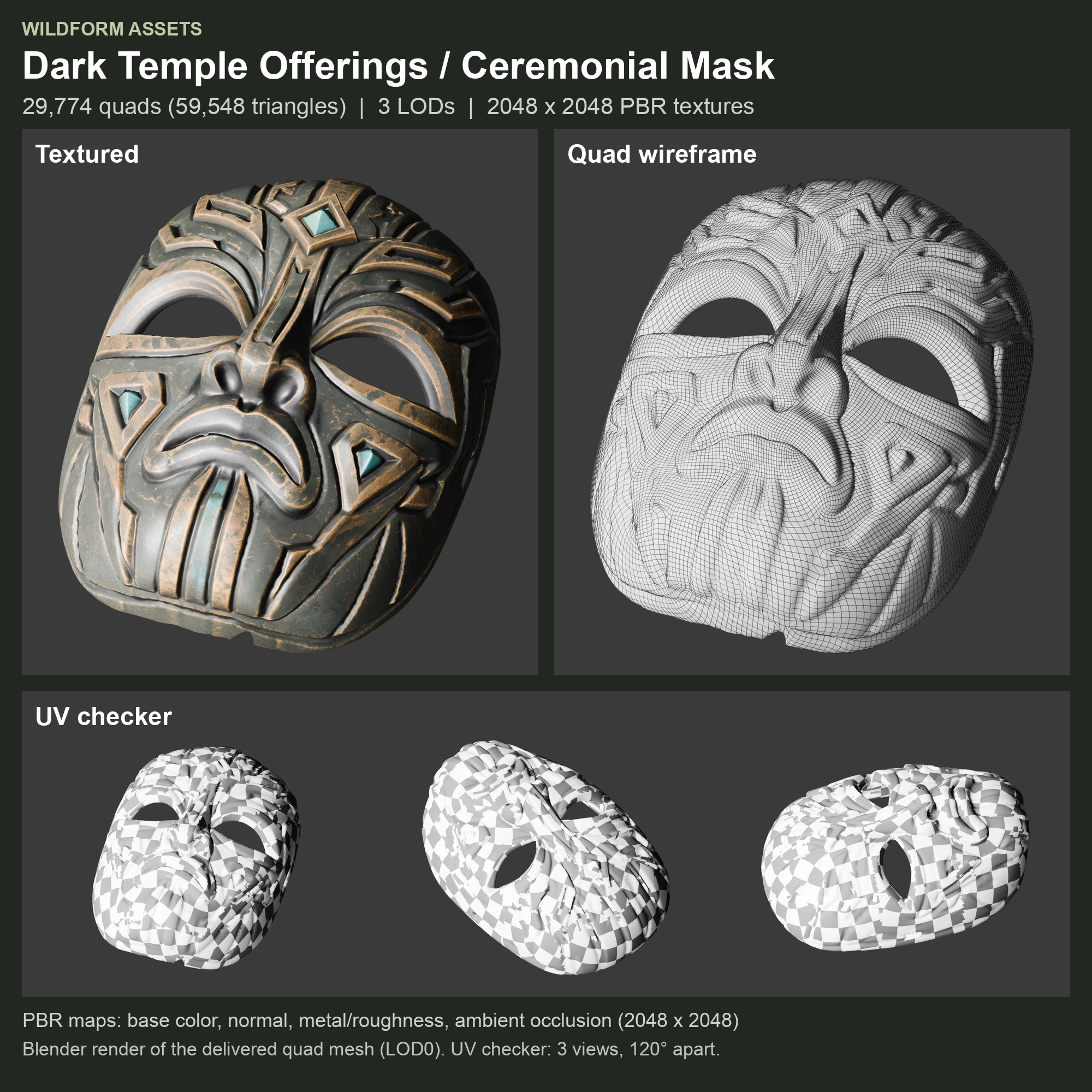 Ceremonial Mask: Model, wireframe and UVs