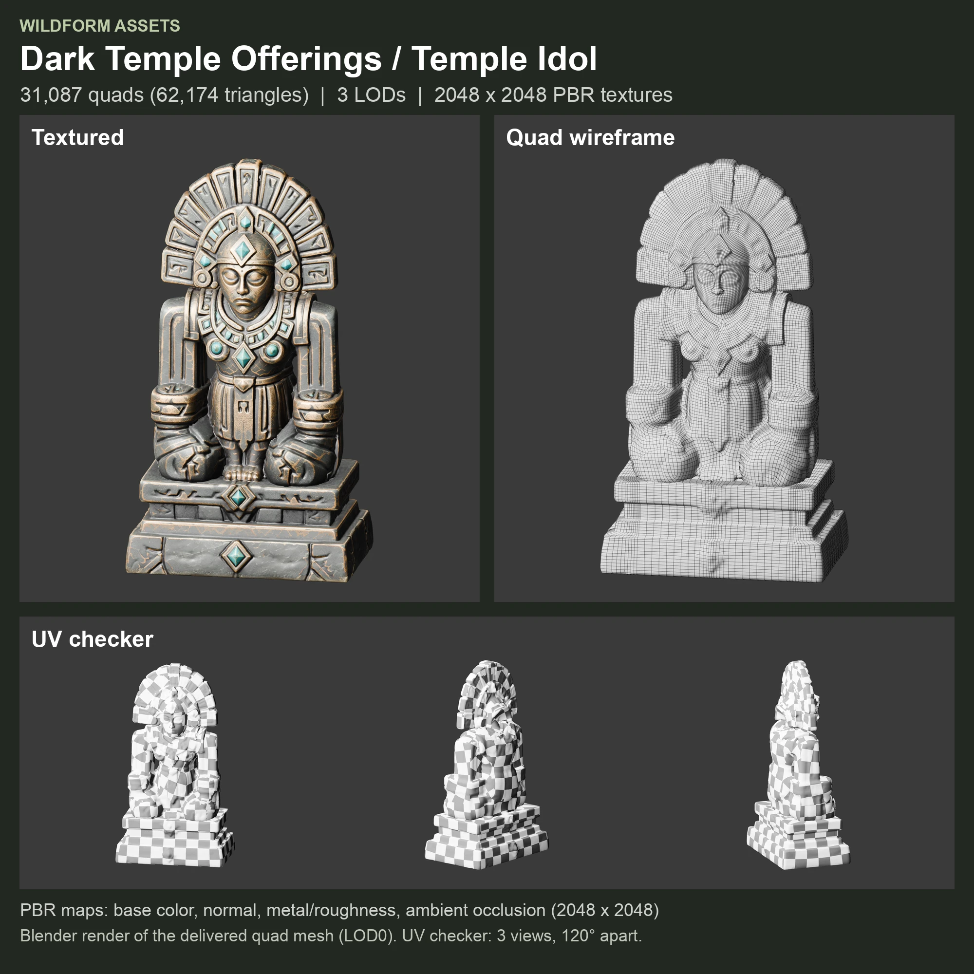 Temple Idol: Model, wireframe and UVs