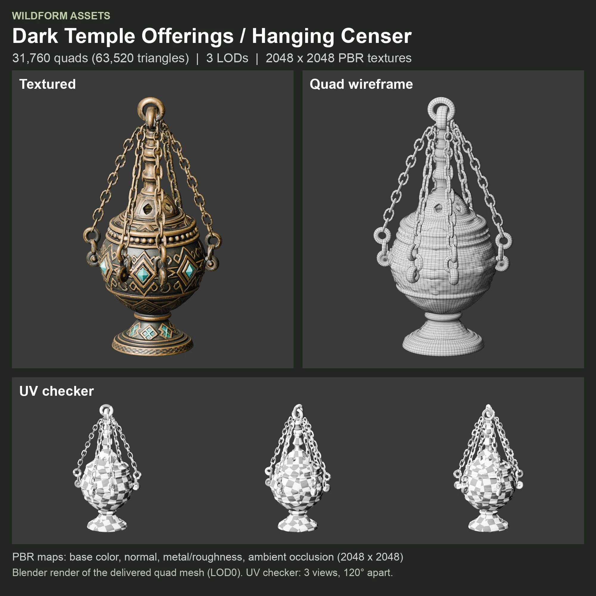 Hanging Censer: Model, wireframe and UVs