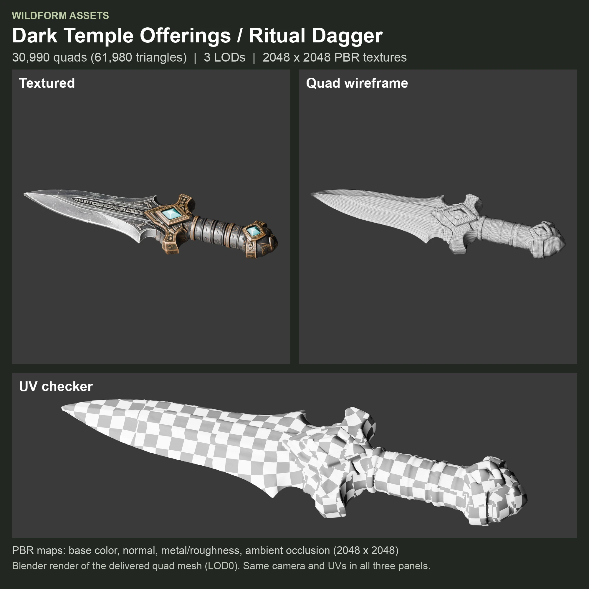 Ritual Dagger: Model, wireframe and UVs