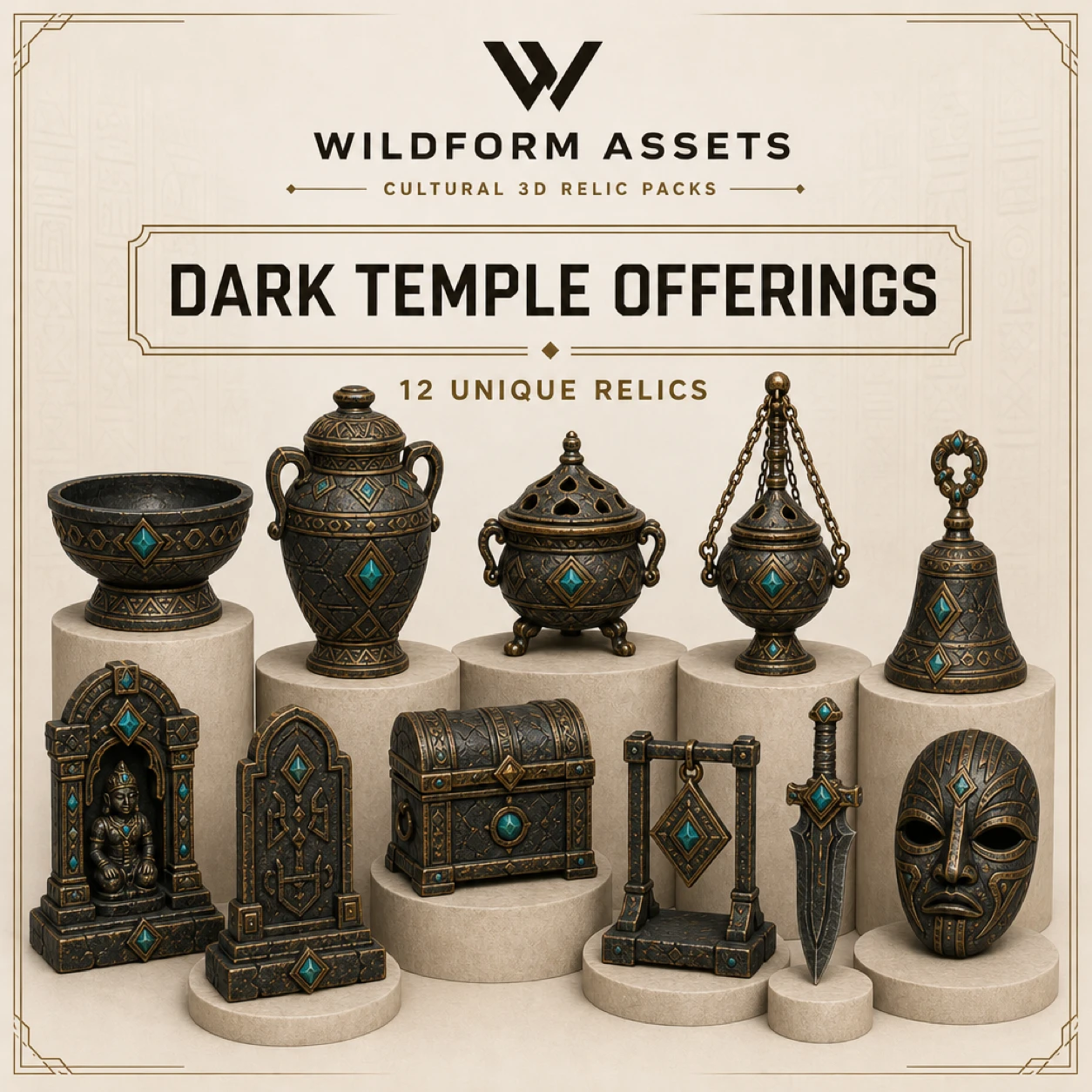 Wildform Assets Dark Temple Offerings preview with twelve dark fantasy relic props