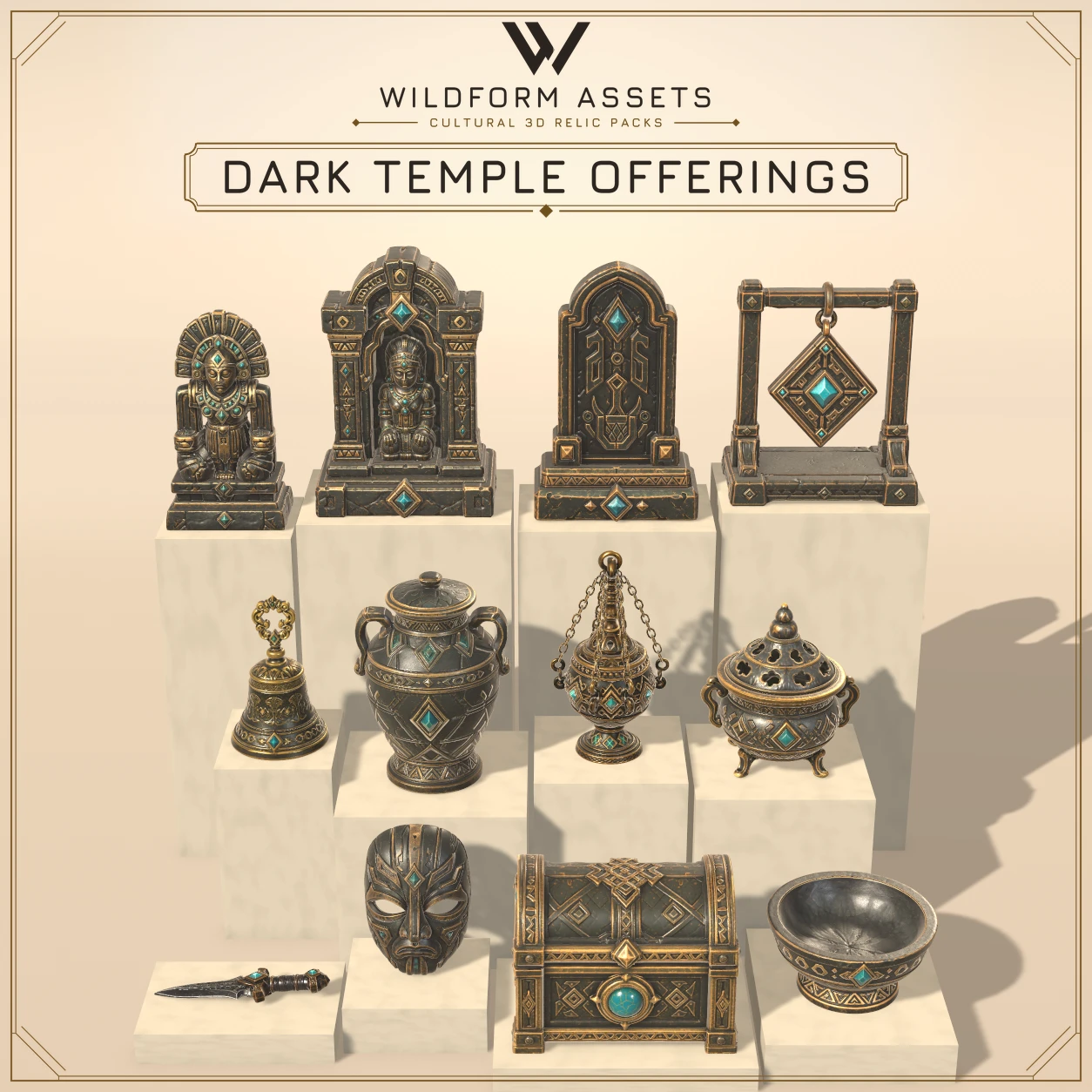 Wildform Assets Dark Temple Offerings preview with twelve dark fantasy relic props