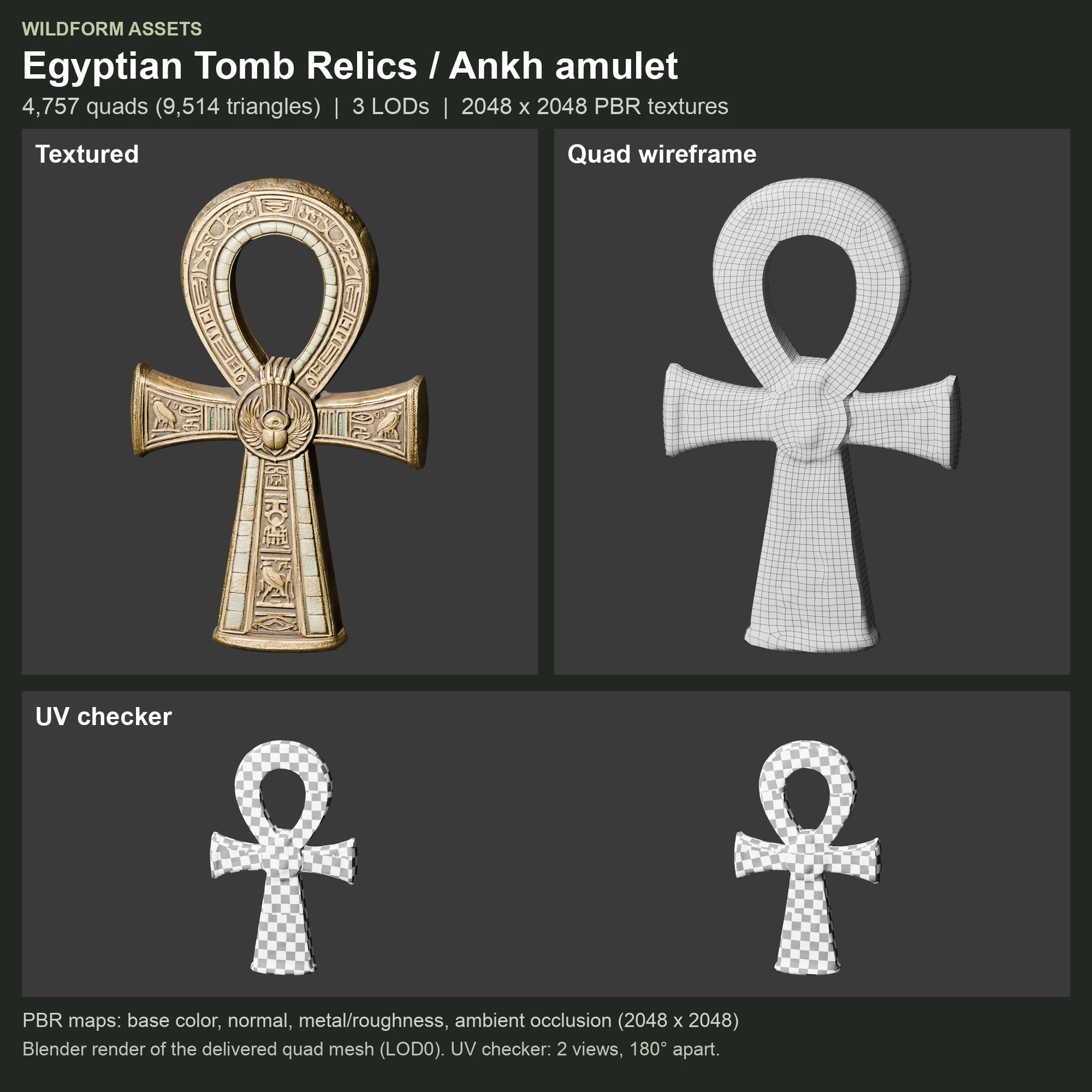 Ankh amulet: Model, wireframe and UVs