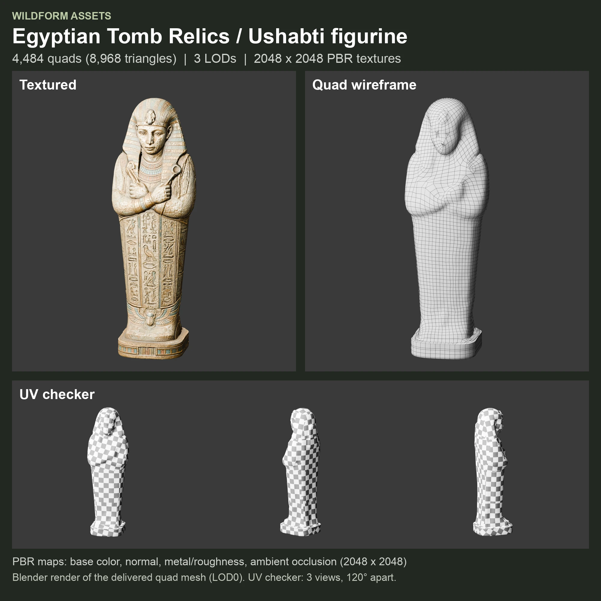 Ushabti figurine: Model, wireframe and UVs