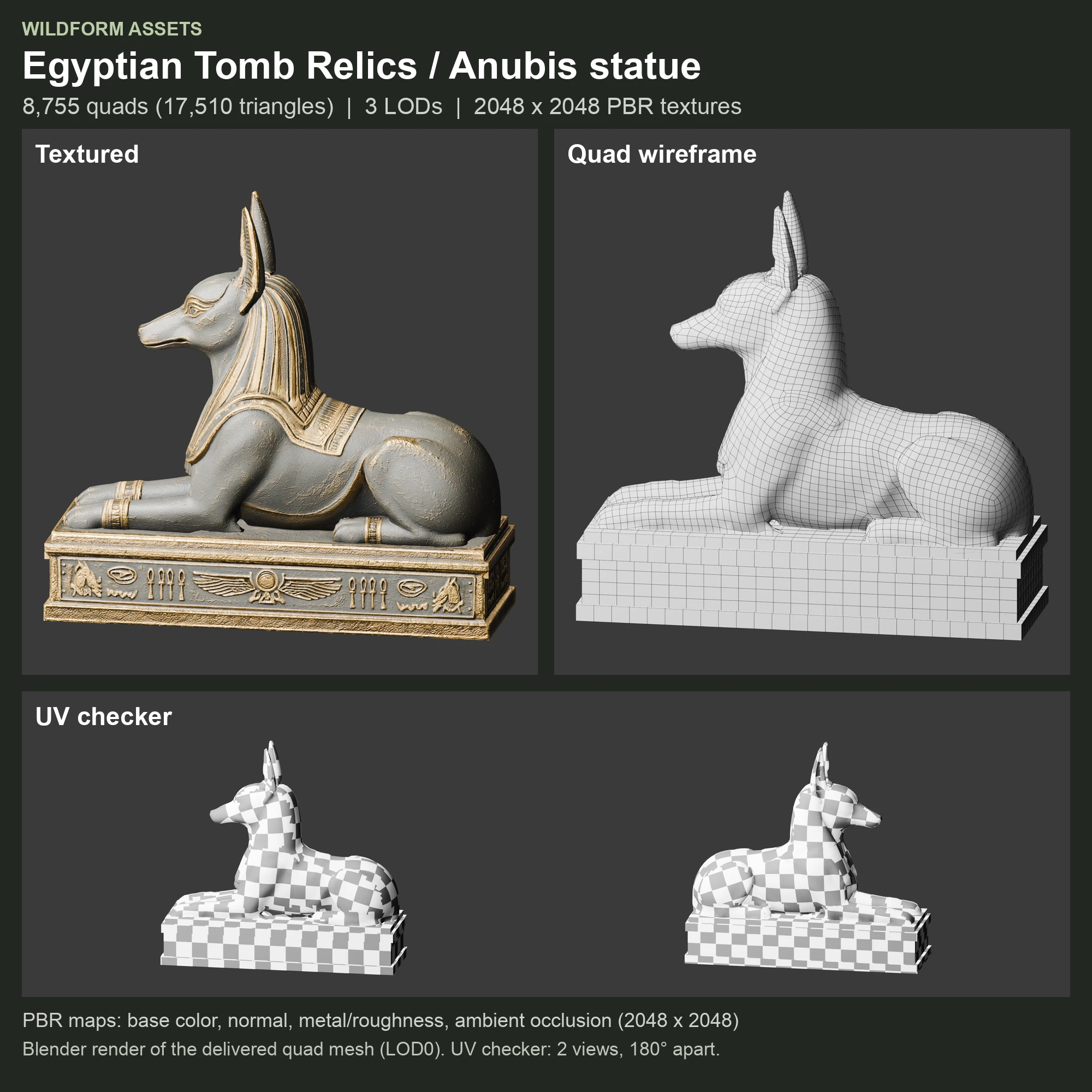 Anubis statue: Model, wireframe and UVs