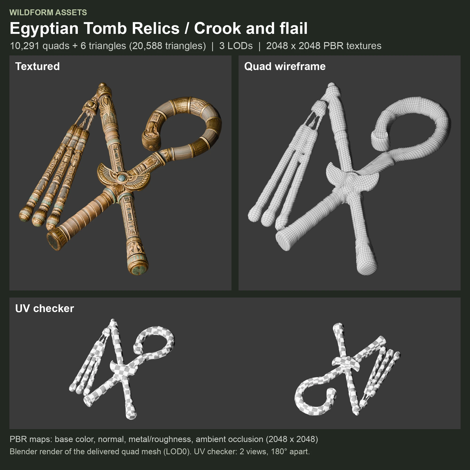 Crook and flail: Model, wireframe and UVs