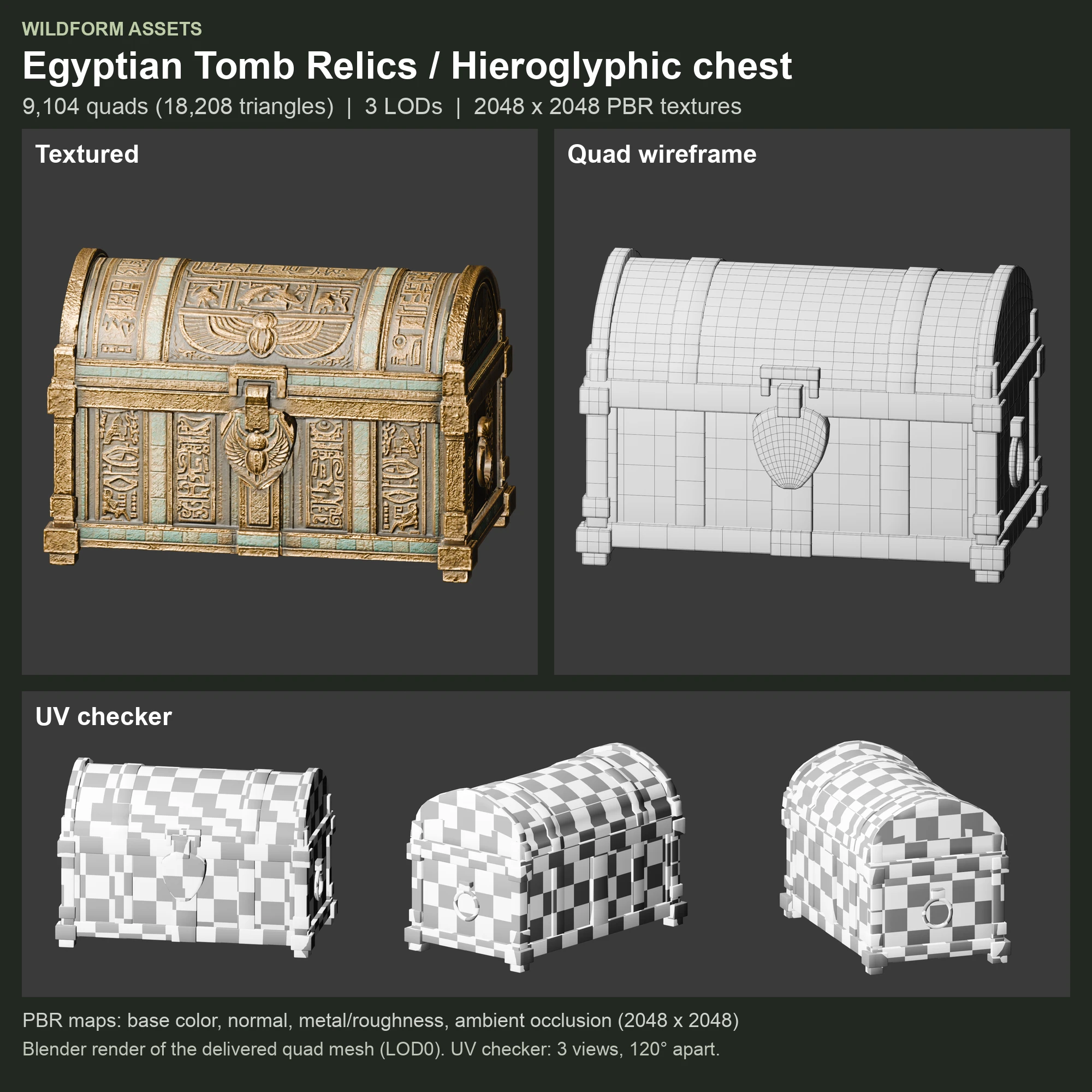 Hieroglyphic chest: Model, wireframe and UVs